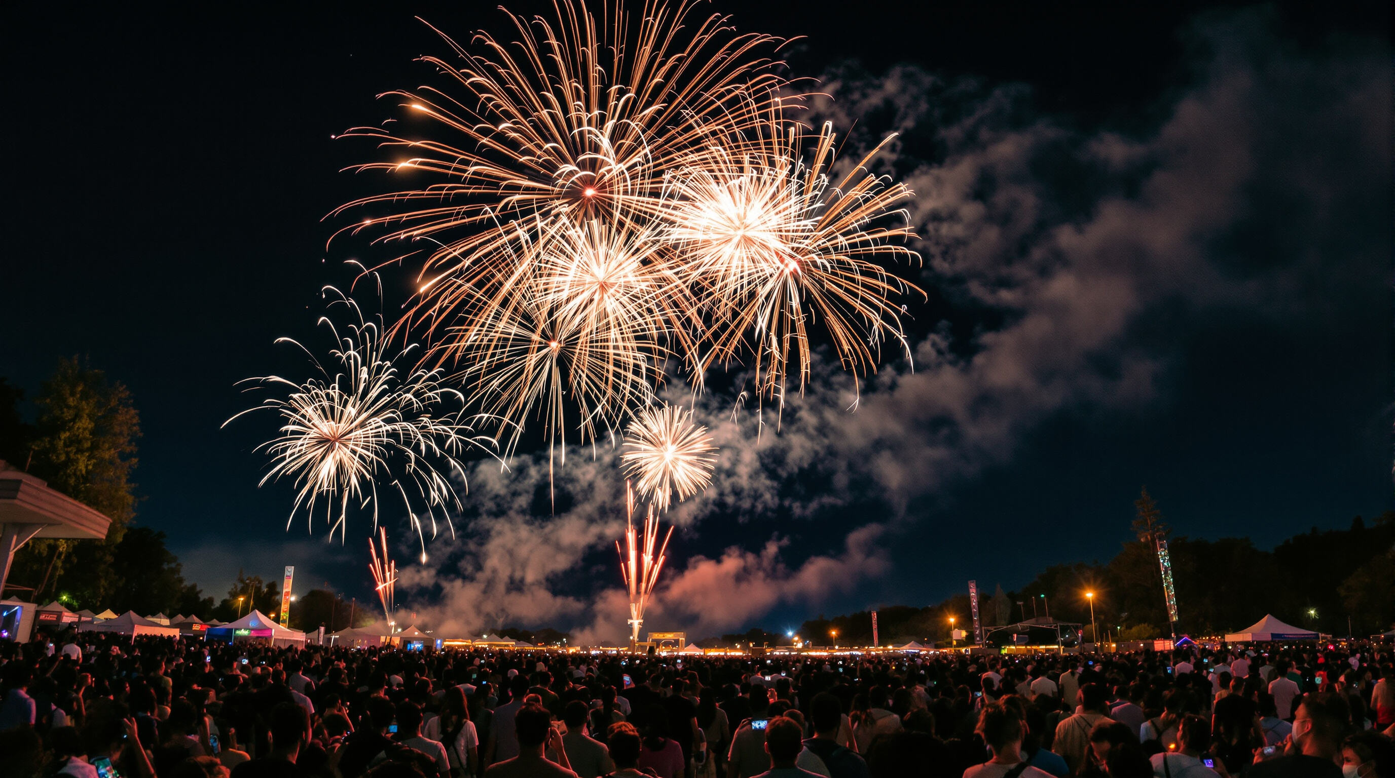 A festival crowd watches a dazzling fireworks display in the night sky, with colorful lights illuminating the audience.