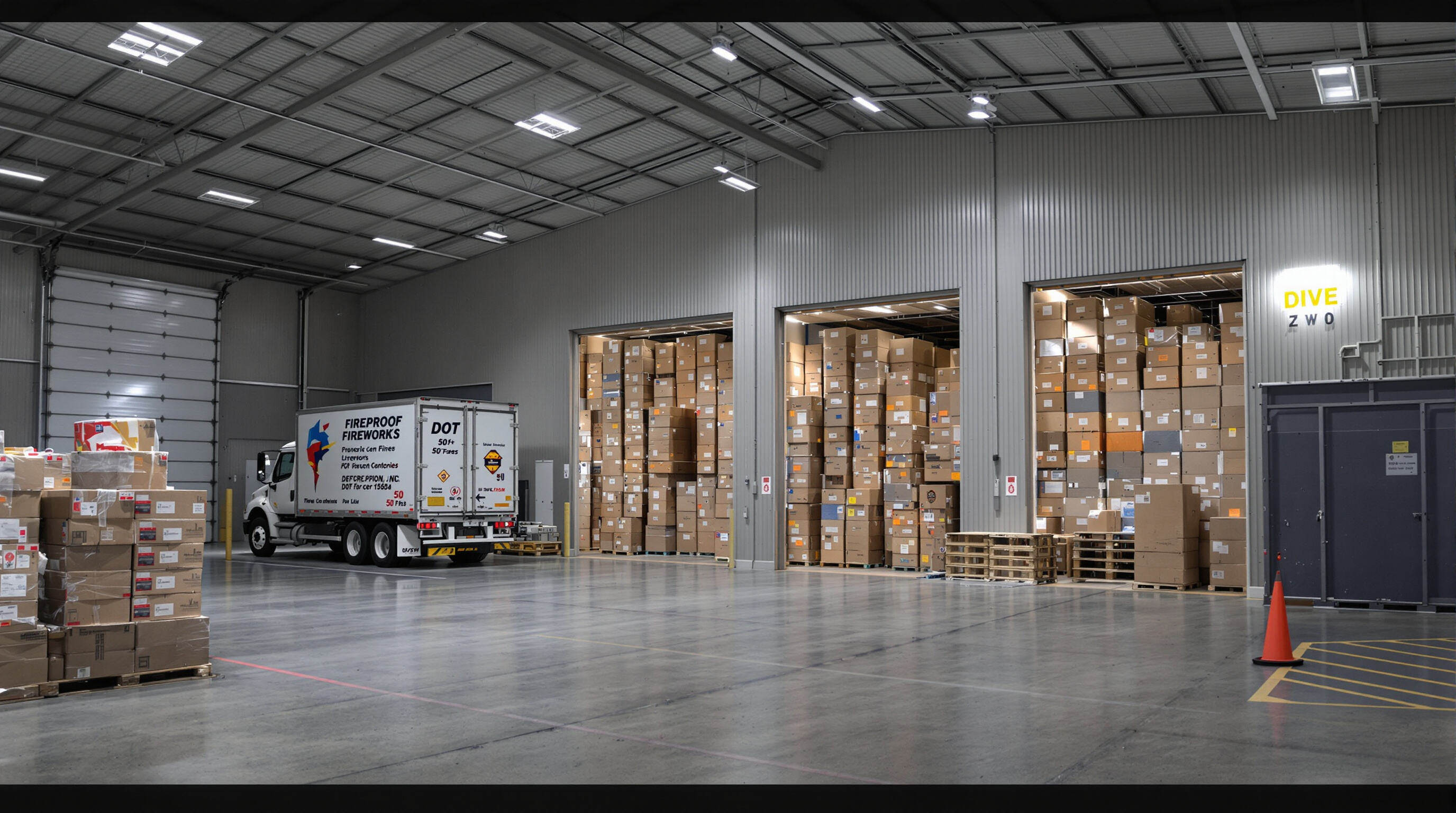 Fireworks boxes stored in fireproof units inside a climate-controlled warehouse, truck unloading nearby