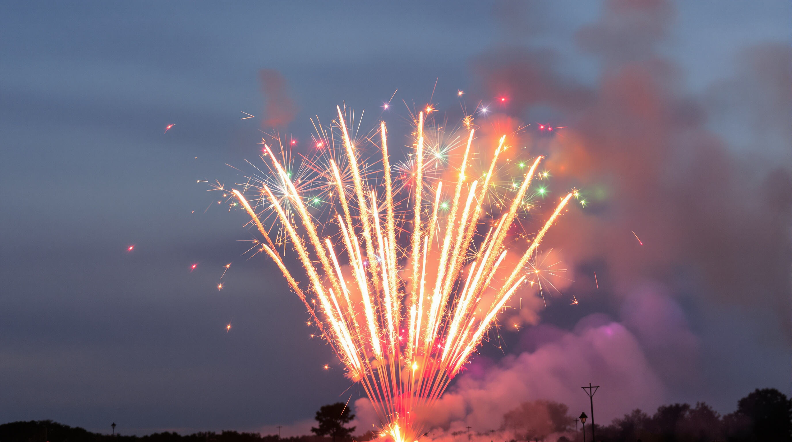 Photorealistic image of a cake firework launching multiple bursts in sequence outdoors