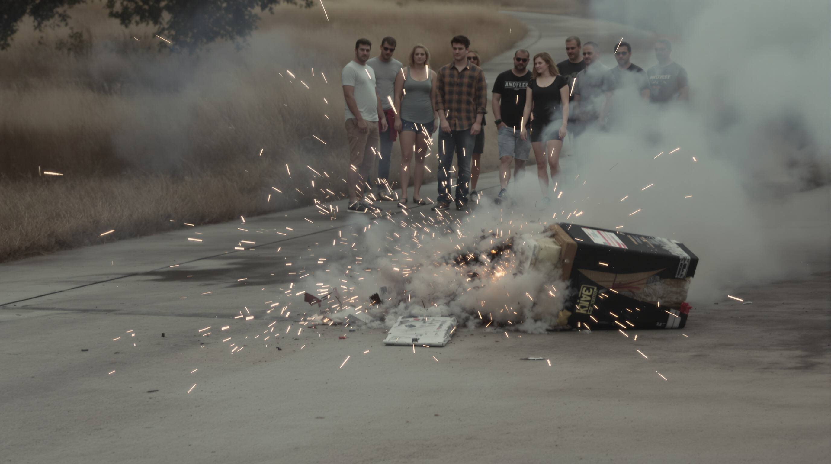 A tipped-over cake firework shooting sparks sideways near a group of startled people outdoors