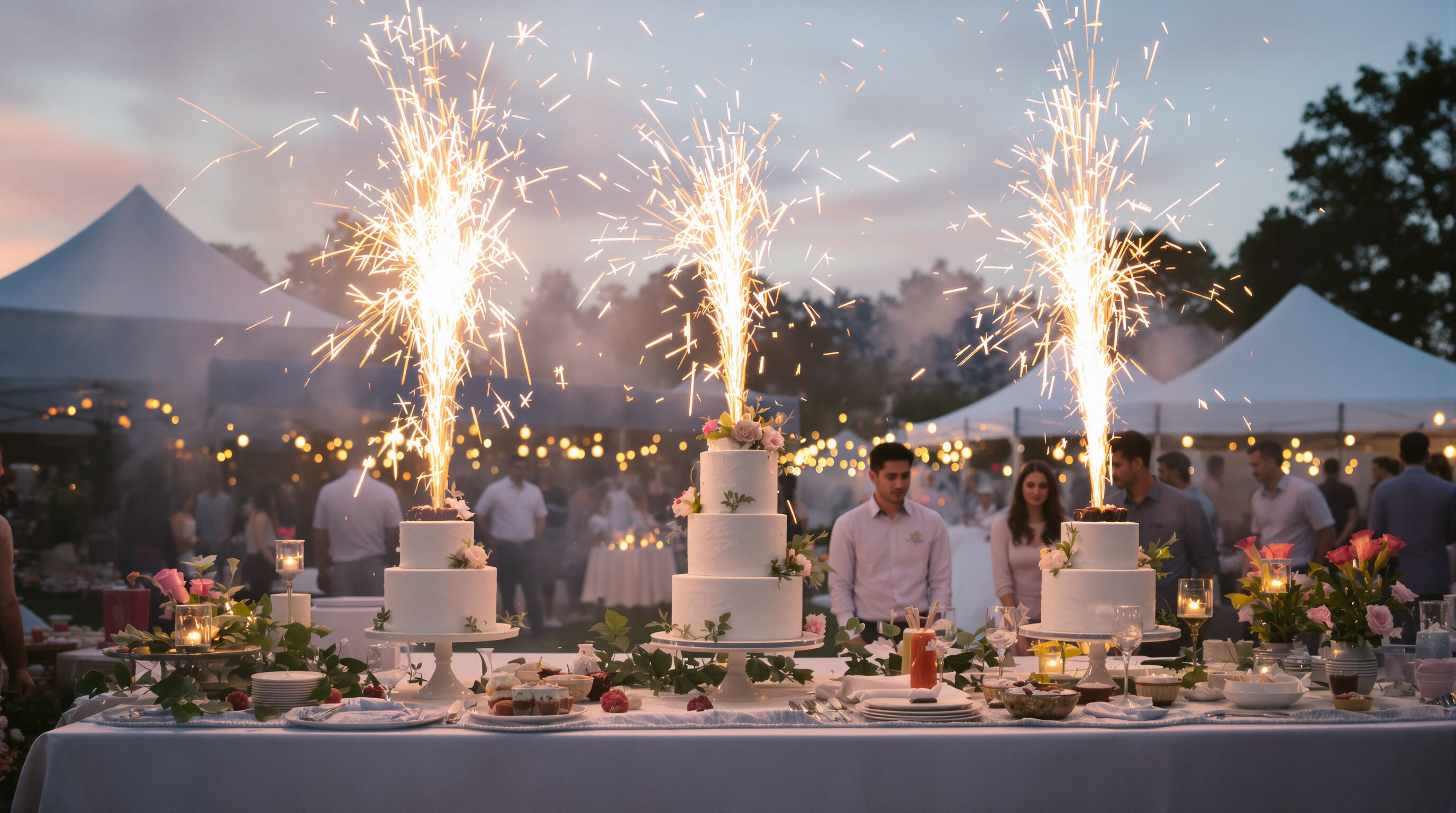 Eco-friendly cake fireworks illuminating a dessert table at an outdoor festival