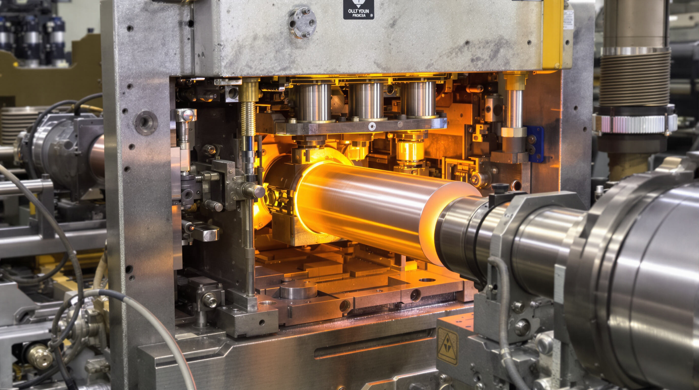 Industrial extrusion press pushing a heated aluminium billet through a die to form a profile