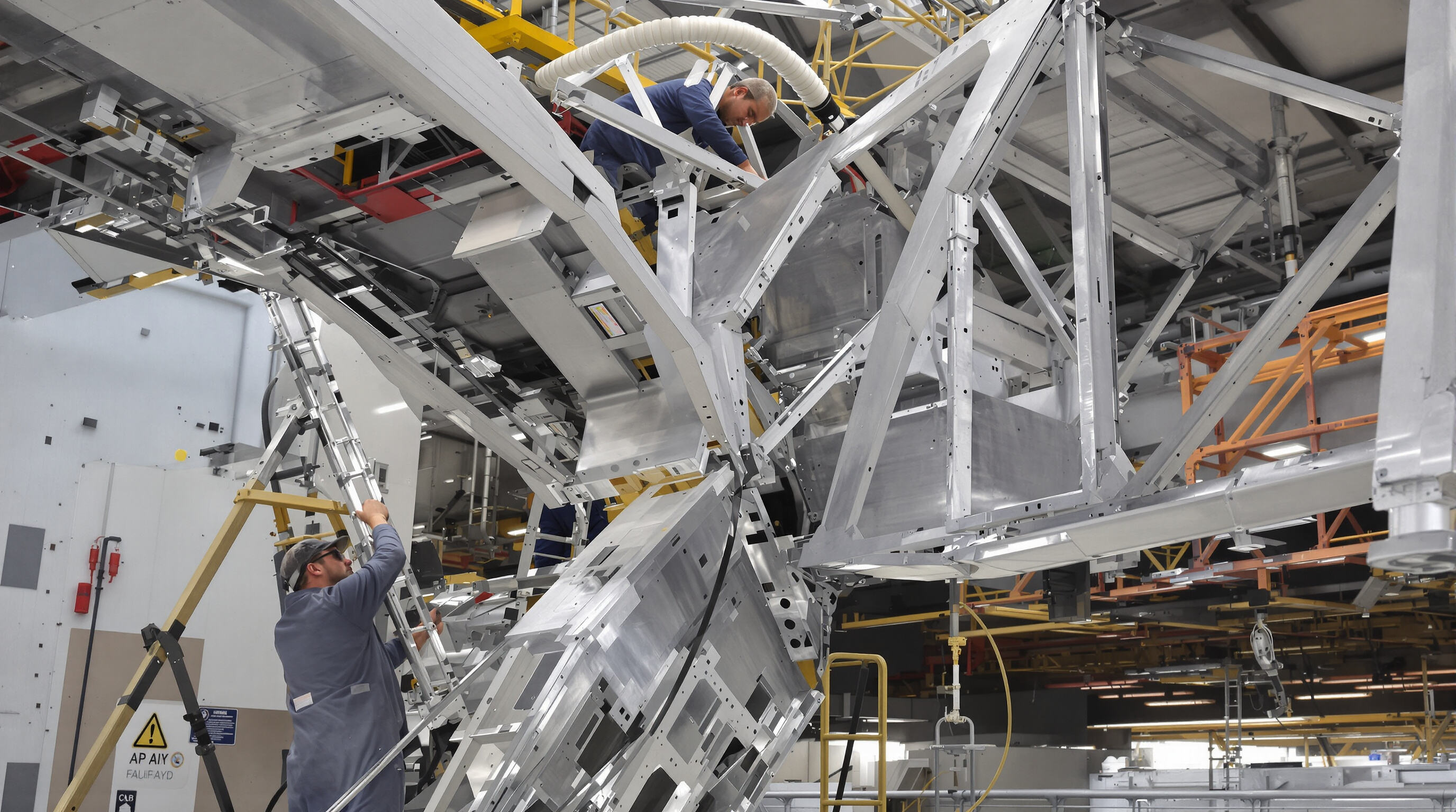 Technicians fitting lightweight extruded aluminum wing spars in an aircraft maintenance hangar