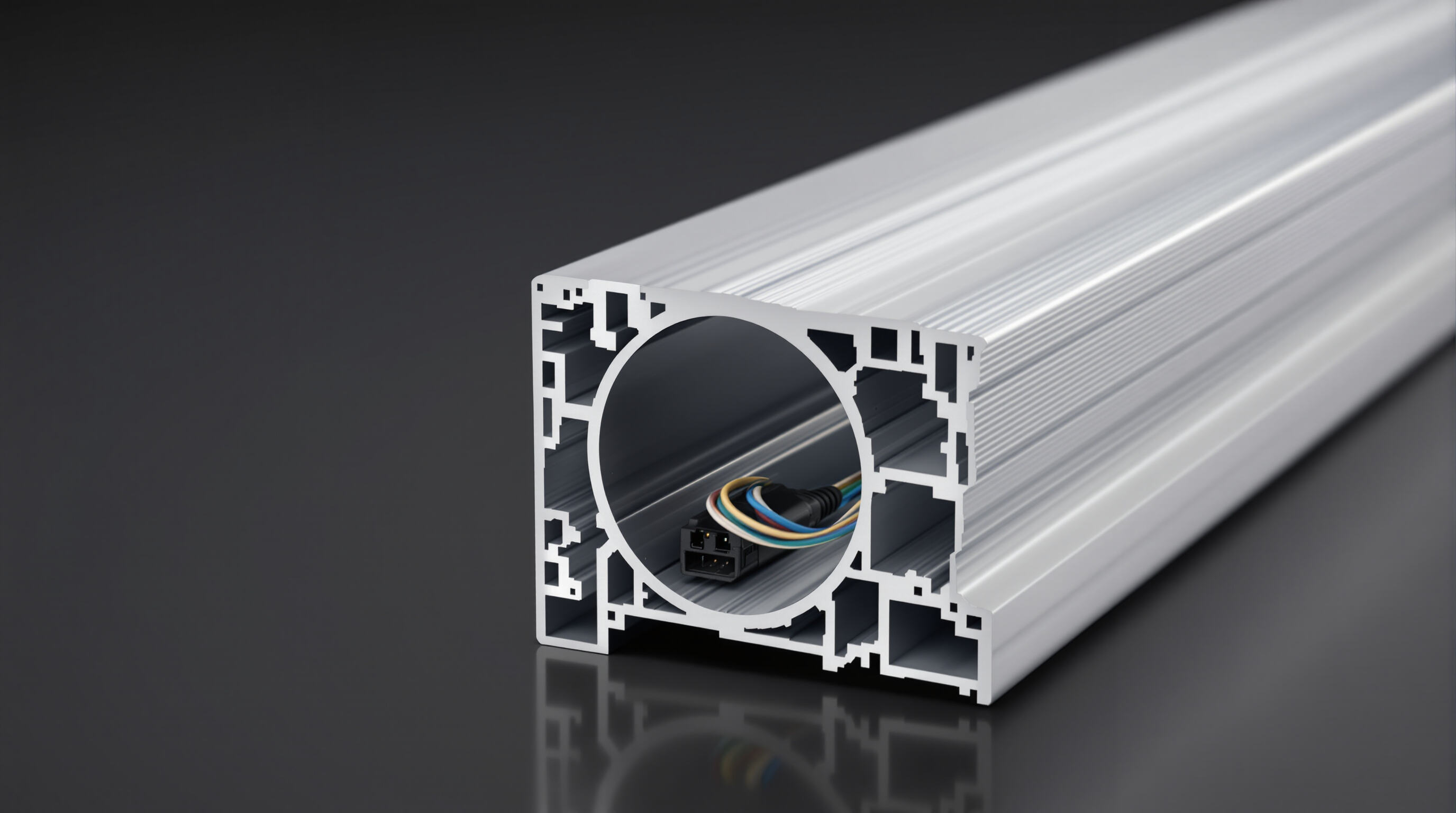 Macro cross-section of 4040 aluminium extrusion showing internal wiring routed through central bore and channels