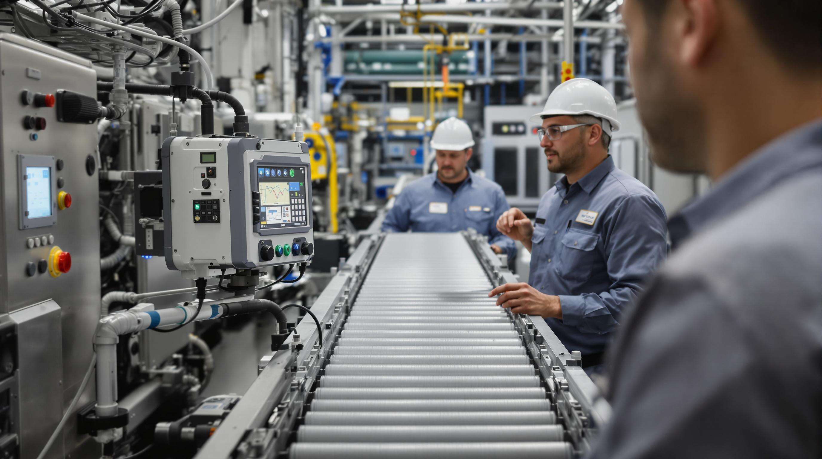 Maintenance engineers reviewing conveyor system data on digital tablet near industrial sensors