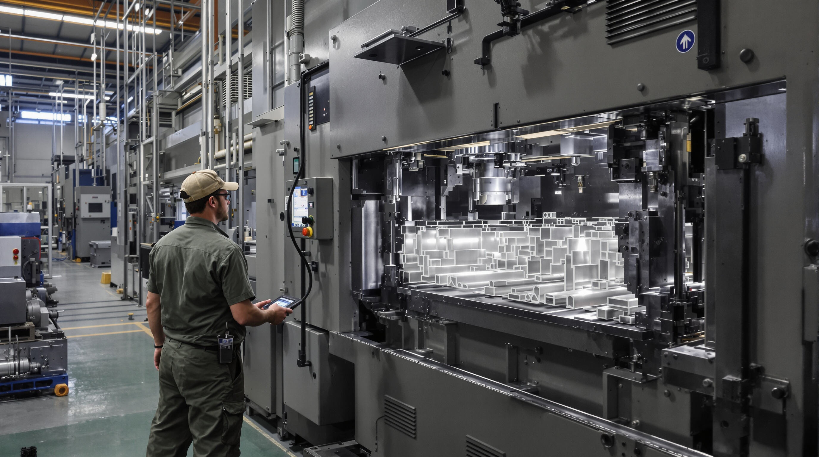 Factory worker overseeing aluminum extrusion press producing complex profiles