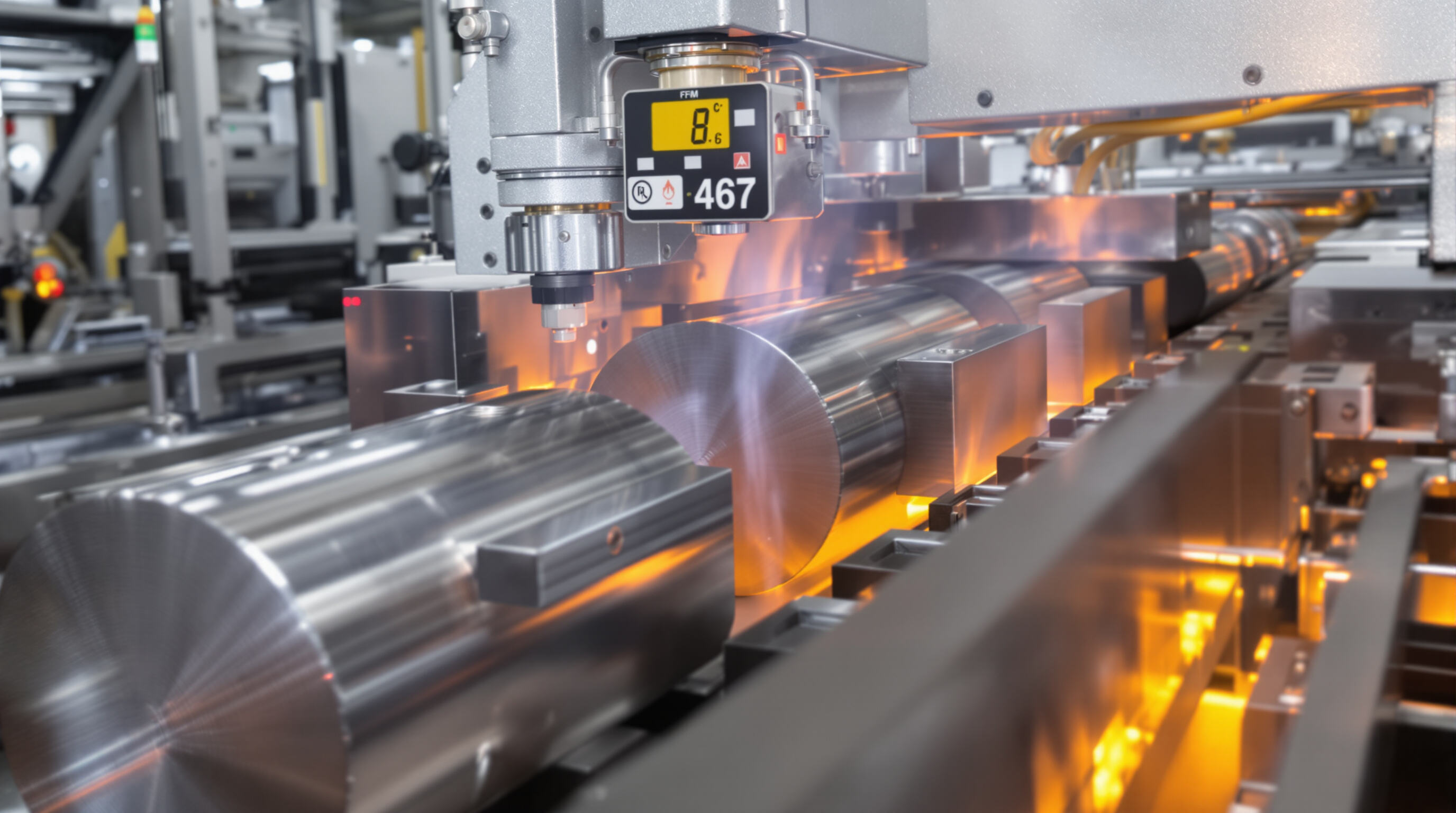 Infrared sensors monitoring billet temperature on an aluminium extrusion line