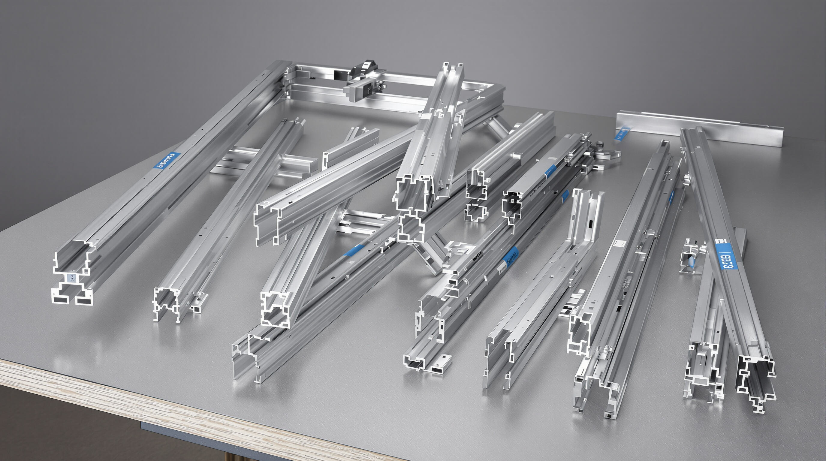 A realistic photo of modular aluminum profiles and connectors on a workbench, illustrating flexible assembly and design.