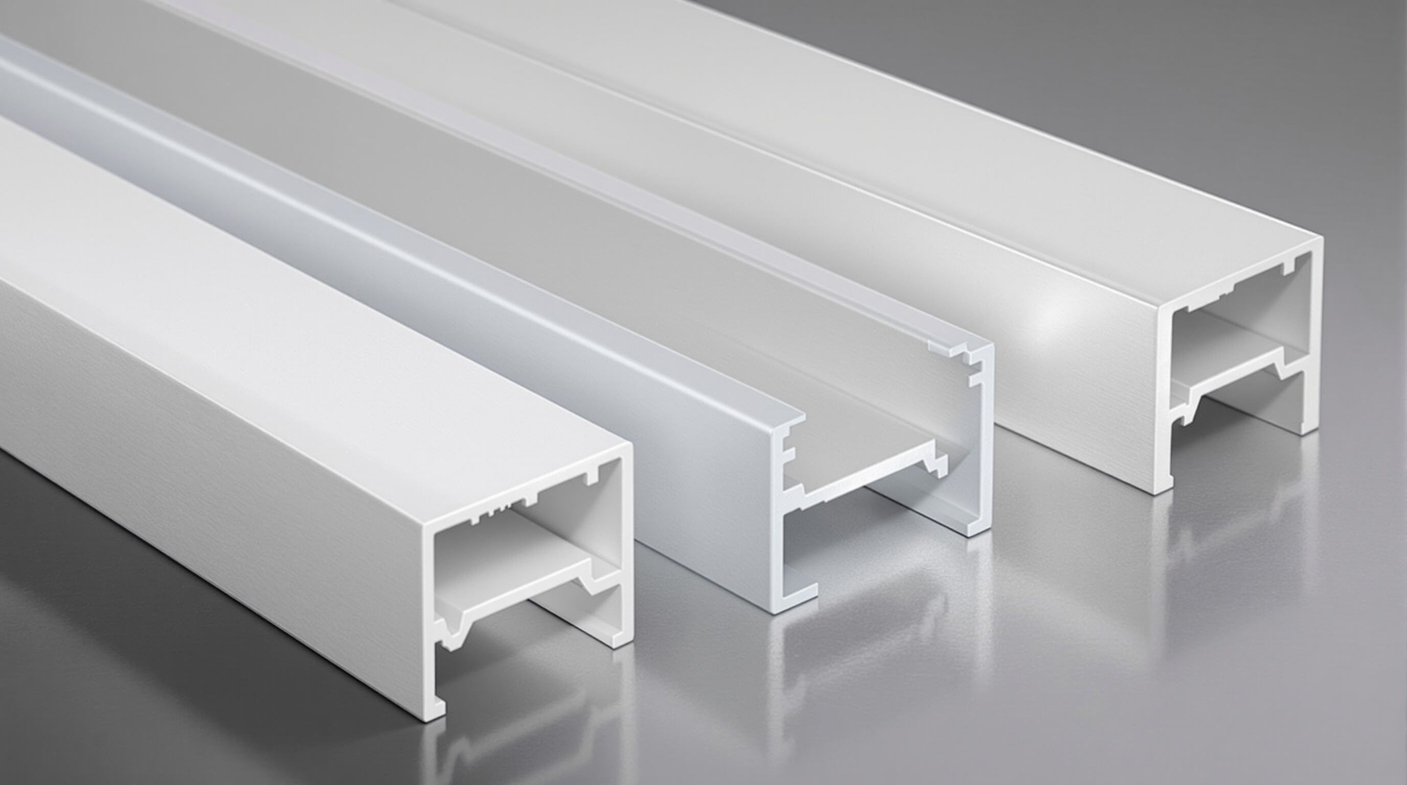 Rows of aluminum profiles displaying various surface finishes such as anodized, untreated, and powder-coated
