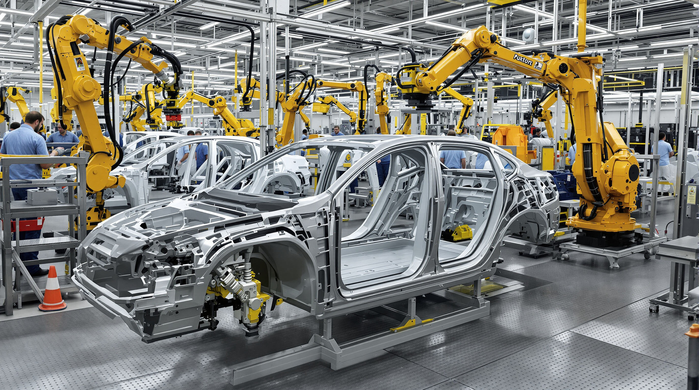 Engineers assembling aluminum car frames with extruded profiles in a modern automotive facility