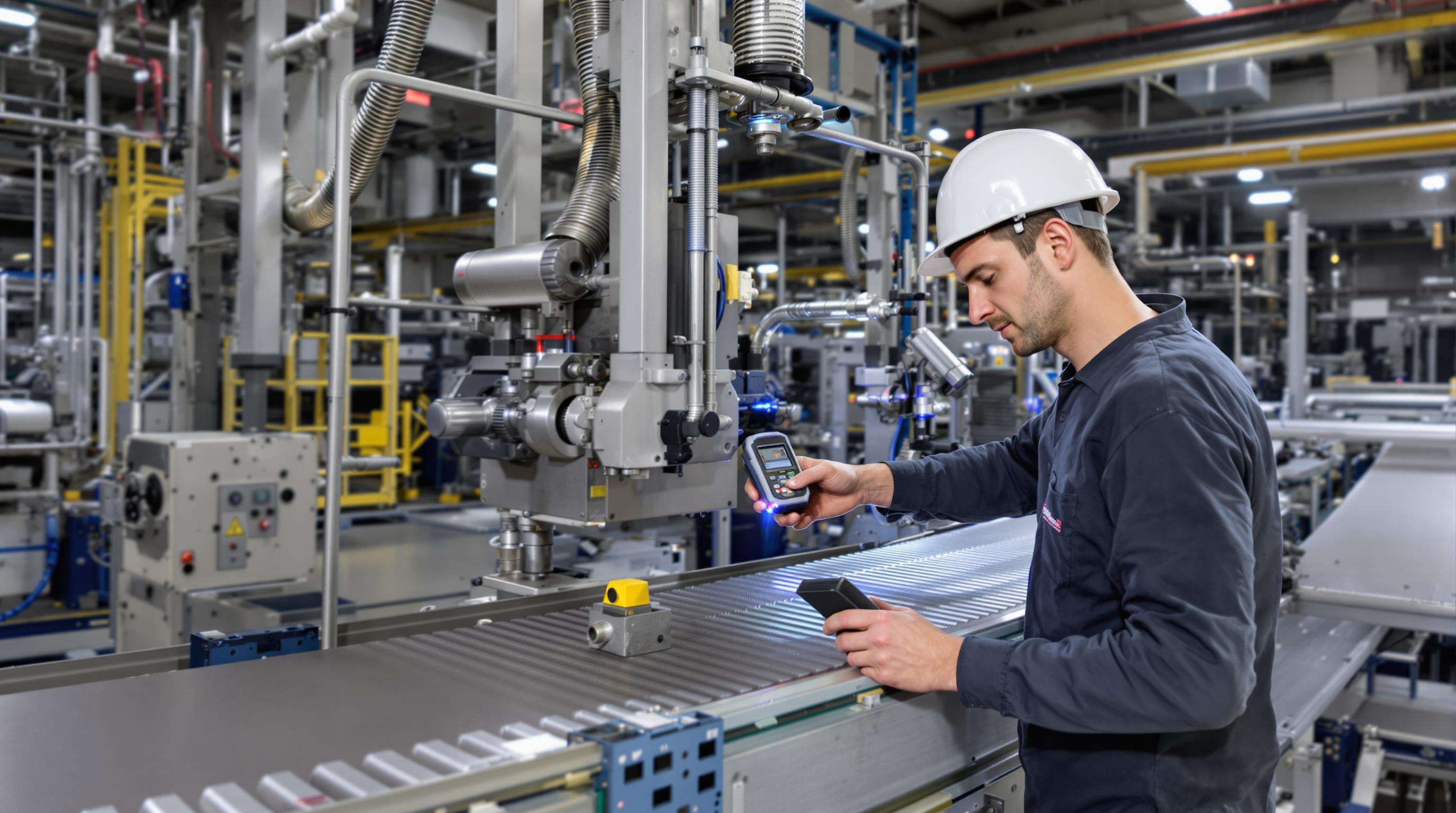 Technician inspecting conveyor belt alignment and tension with a laser tool in a factory