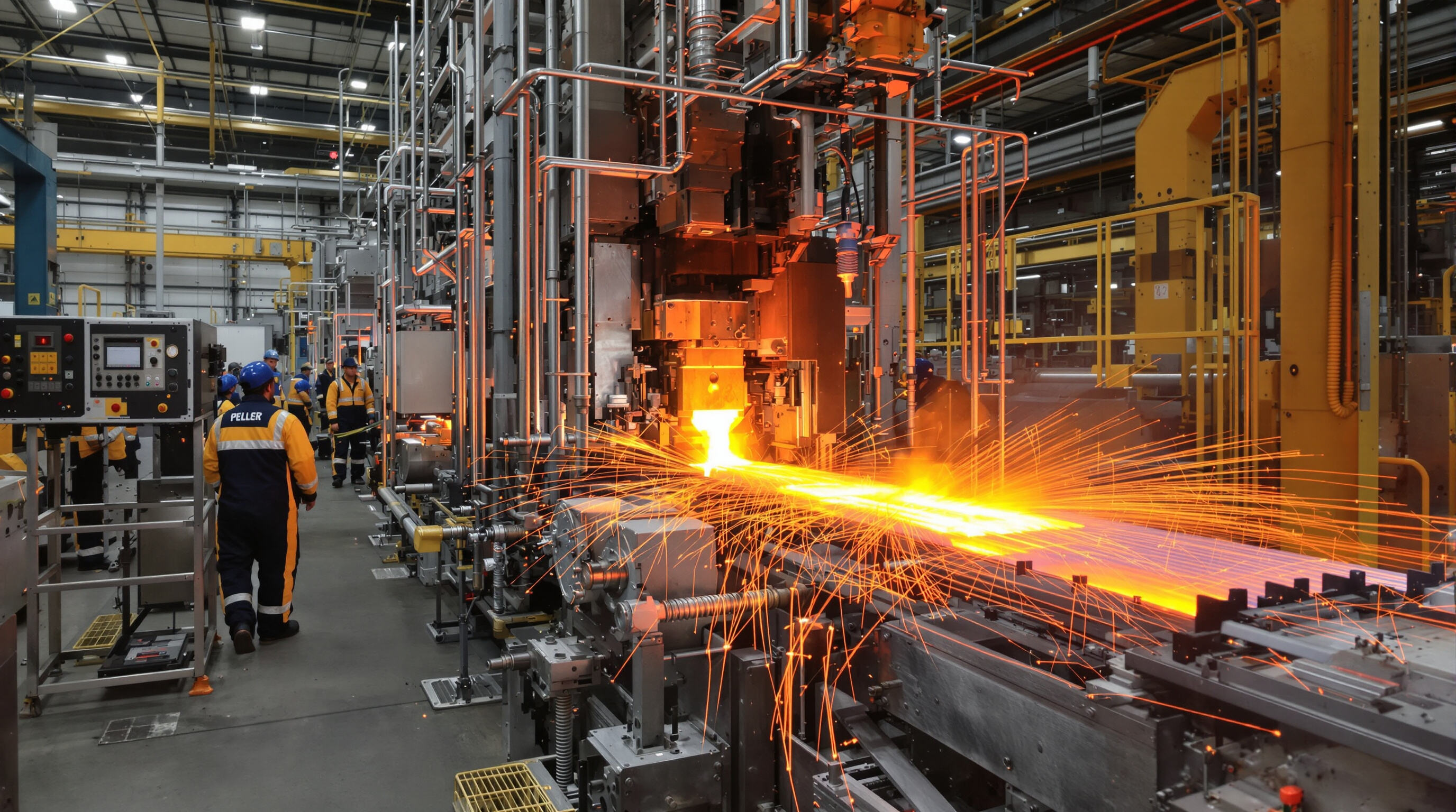 Aluminum extrusion process in a factory with workers and glowing metal