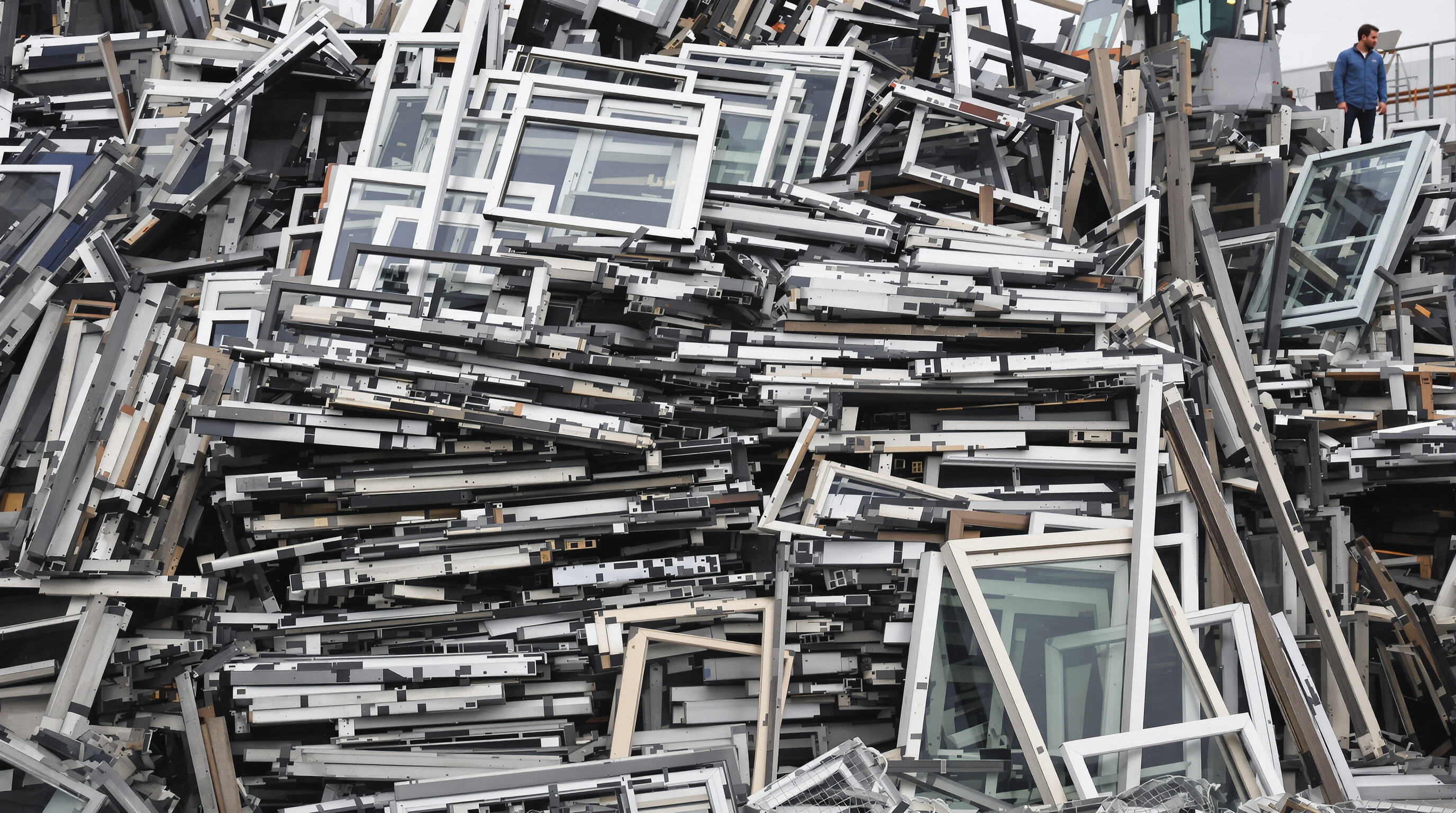 Photorealistic image of aluminum window frames at a recycling center illustrating environmental sustainability