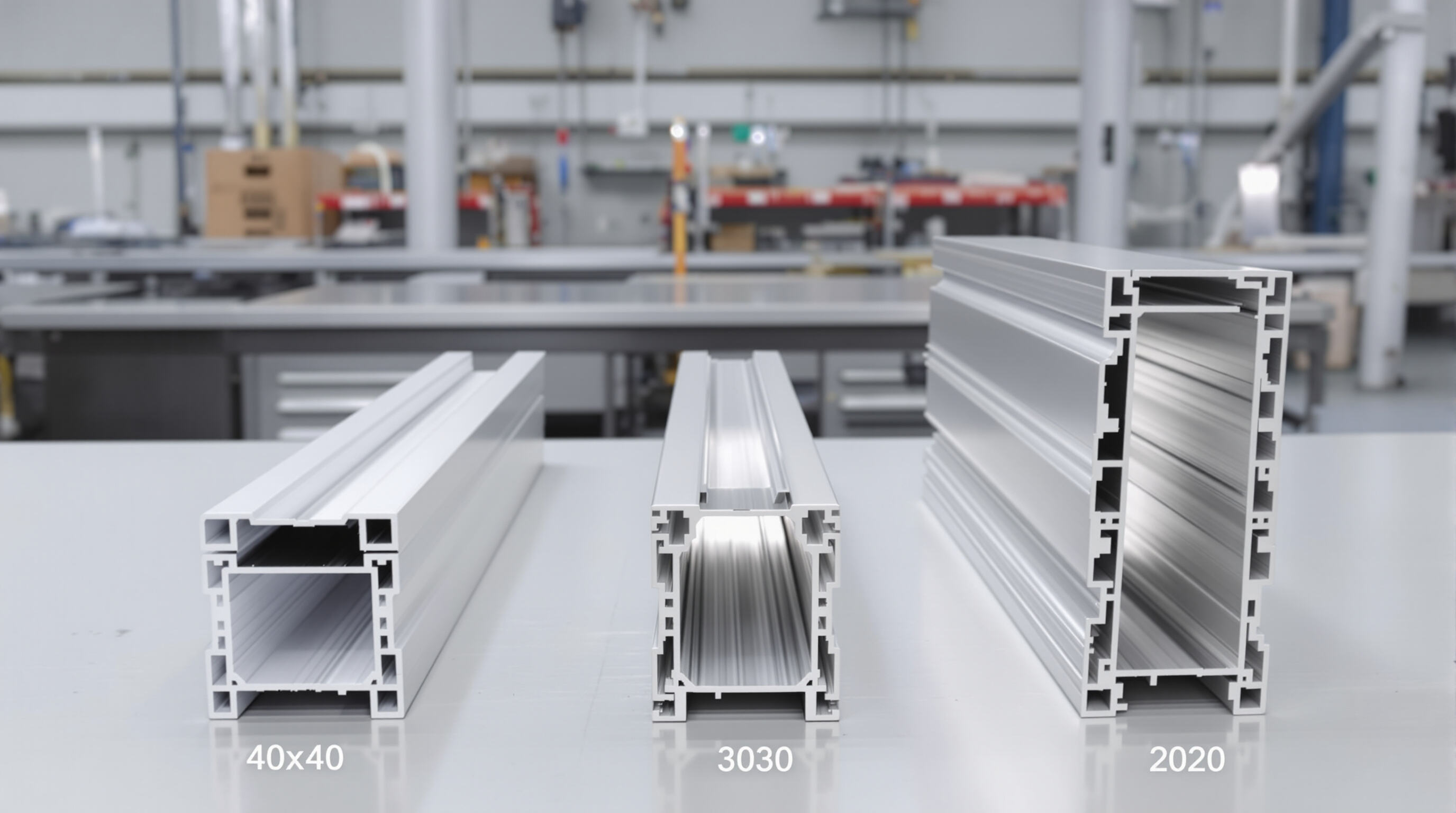 Three upright aluminum profiles of increasing size arranged side-by-side for visual comparison