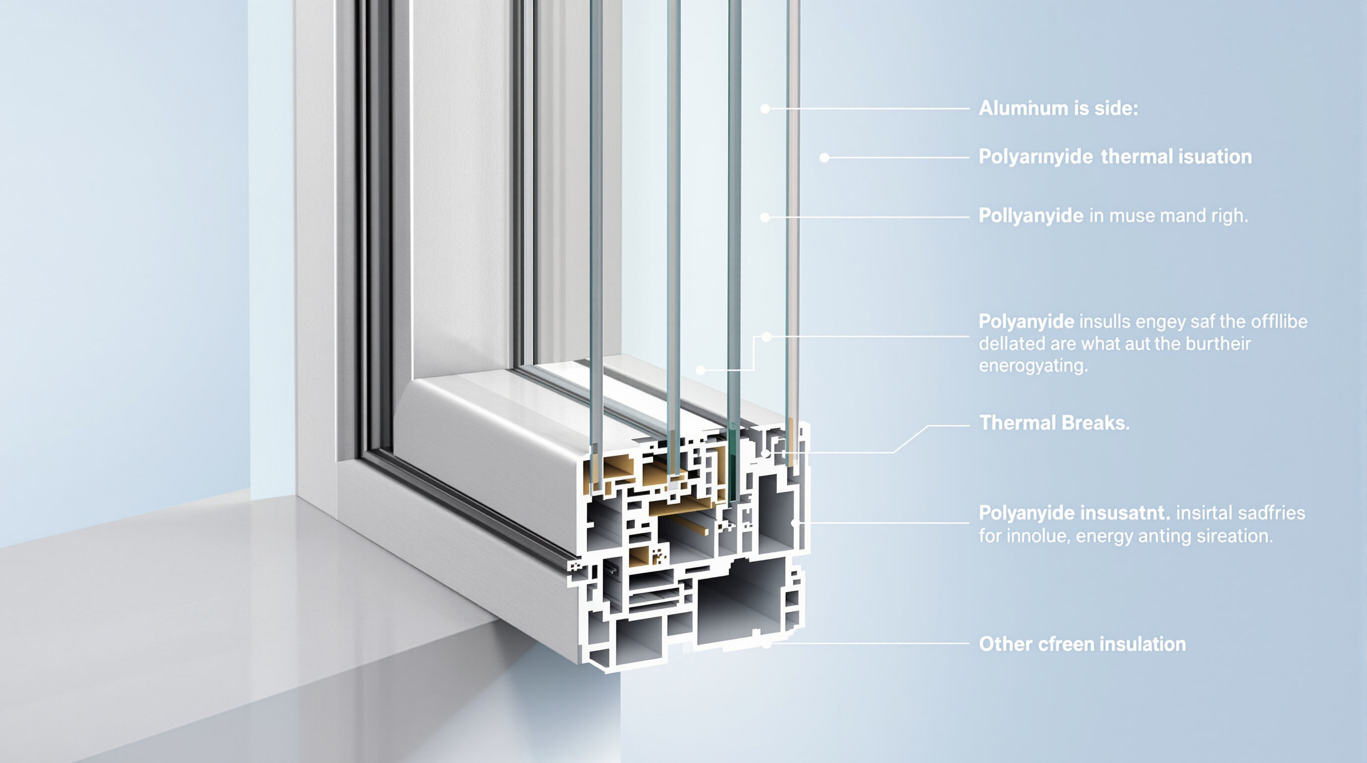 Photorealistic cross-section of an aluminum window frame with thermal break insulation showing energy efficiency features