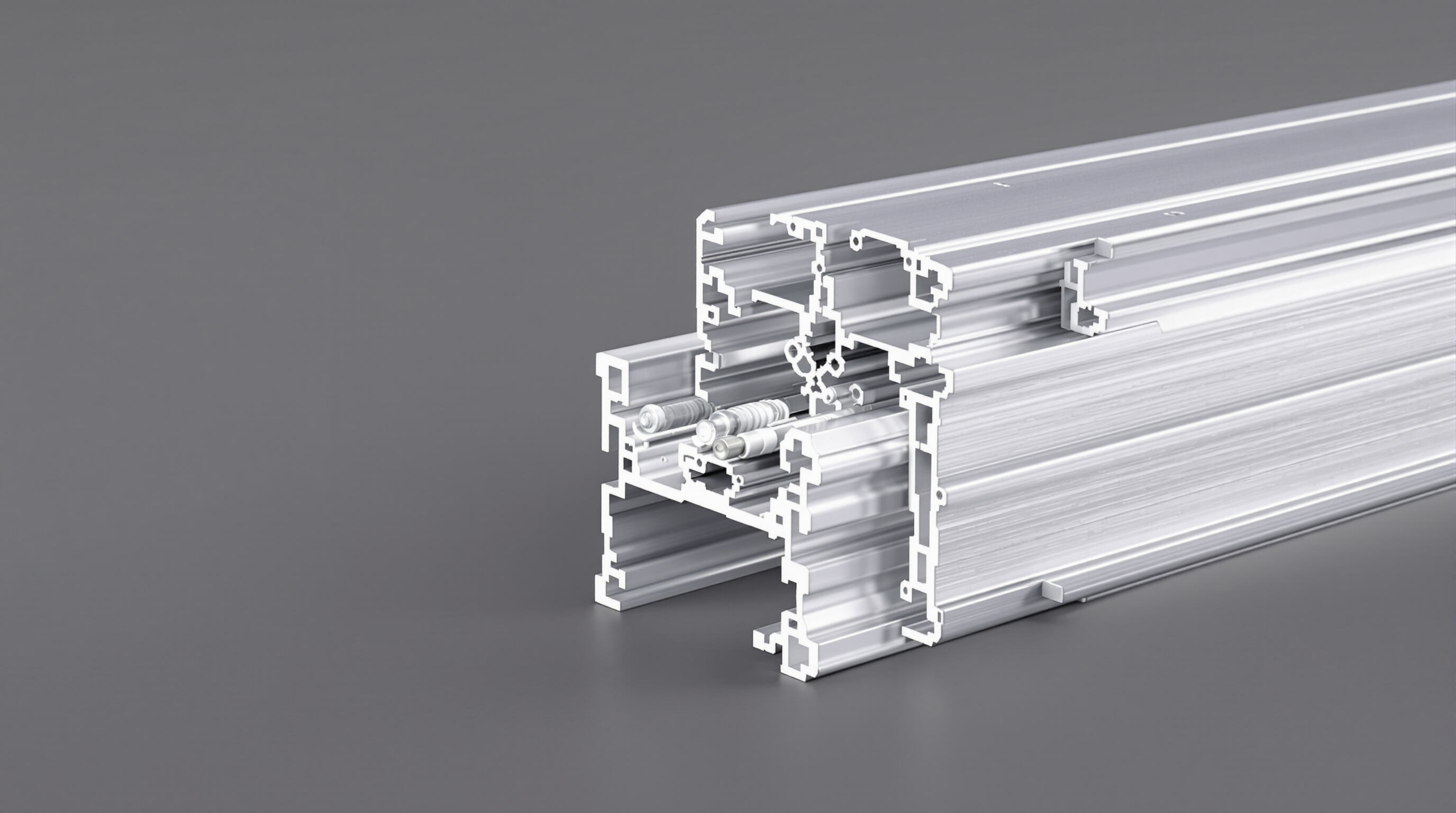 Close-up of 4040 aluminium extrusion with T-slot grooves, displaying modular fasteners and brackets in a muted color palette
