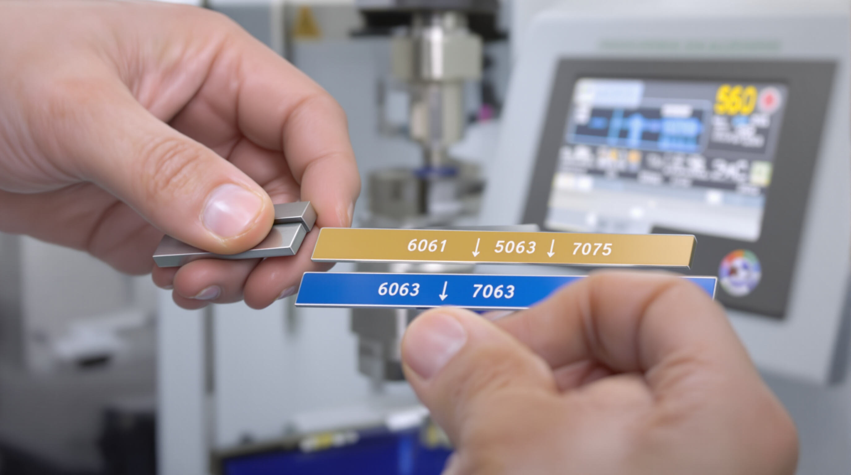 Hands comparing aluminum alloy bars in a lab setting with tensile testing equipment