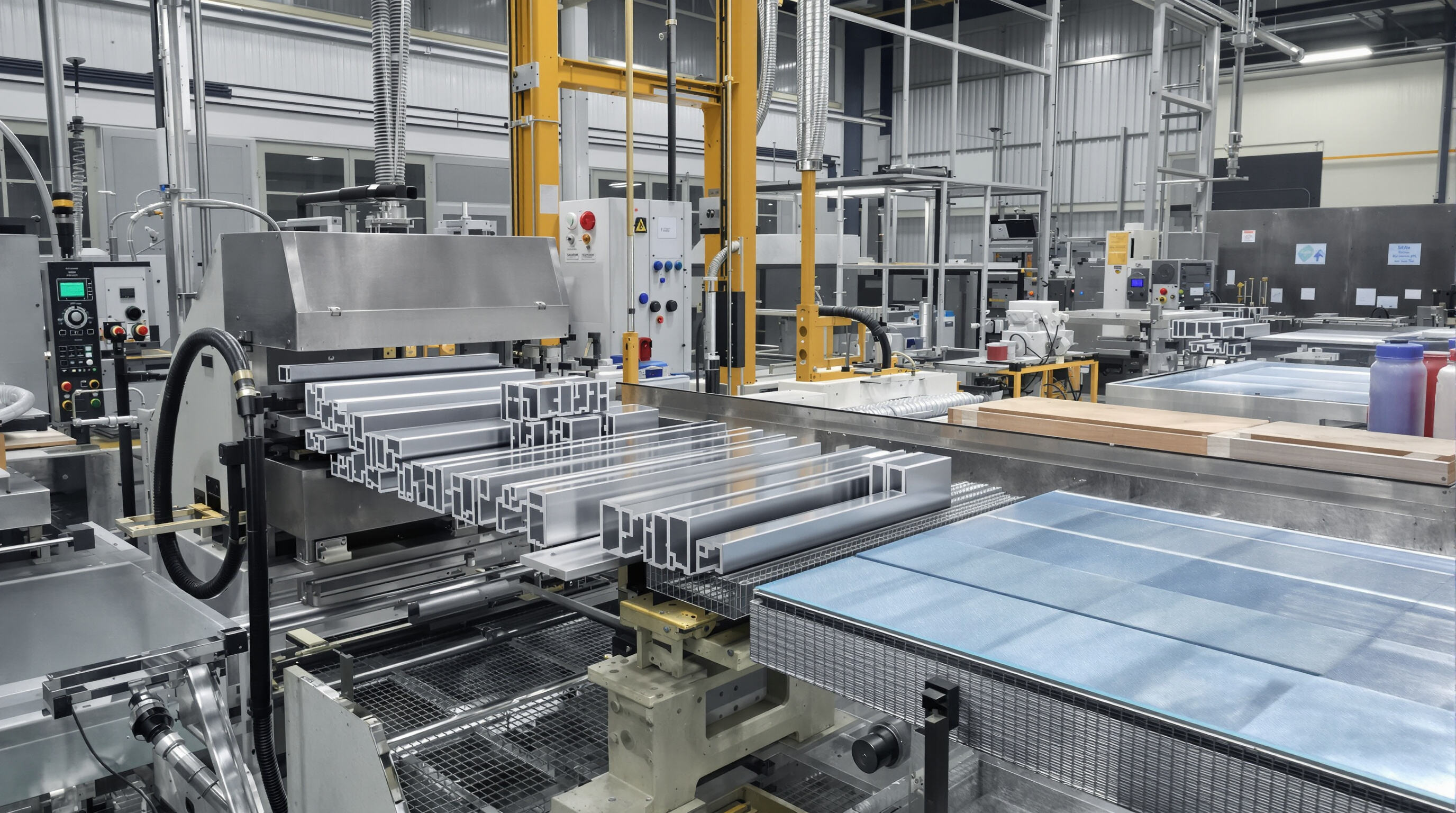 Industrial lab depicting stages of the anodization process for aluminum profiles