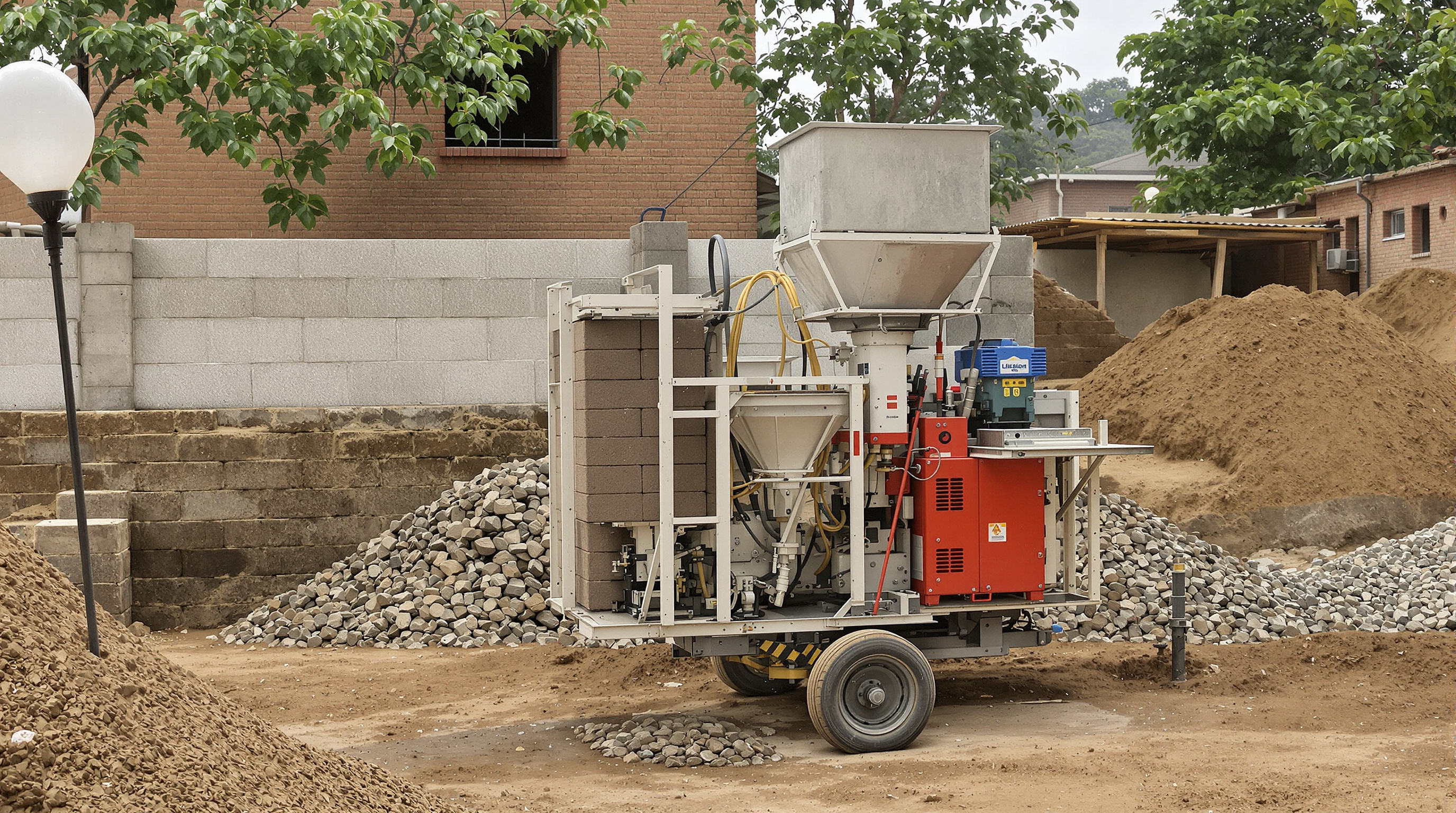 Mobile block making machine at a construction site with worker loading aggregates