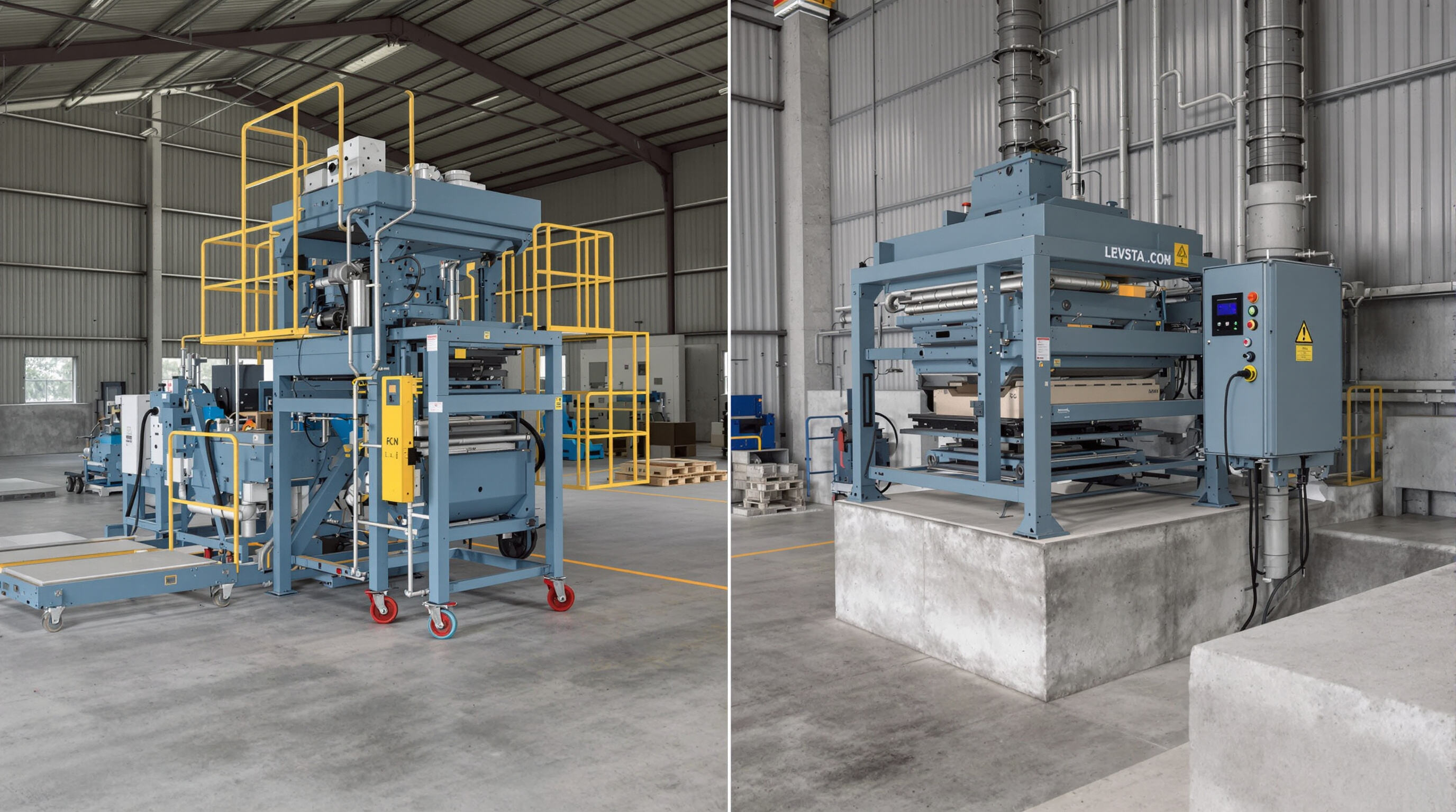 Photorealistic image of a mobile block machine with wheels beside a larger stationary block machine anchored to a concrete base in a warehouse.