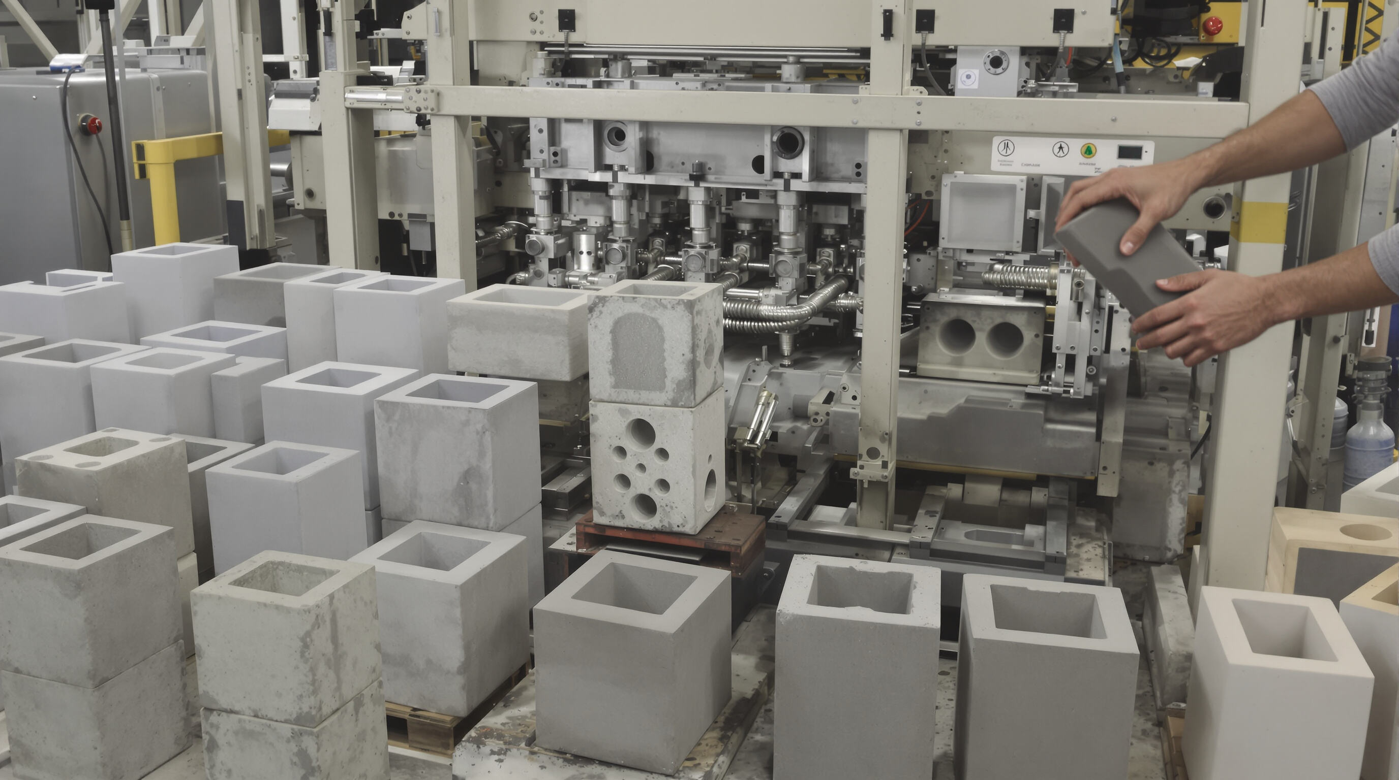 Worker changing molds on a mobile machine with different custom concrete blocks nearby