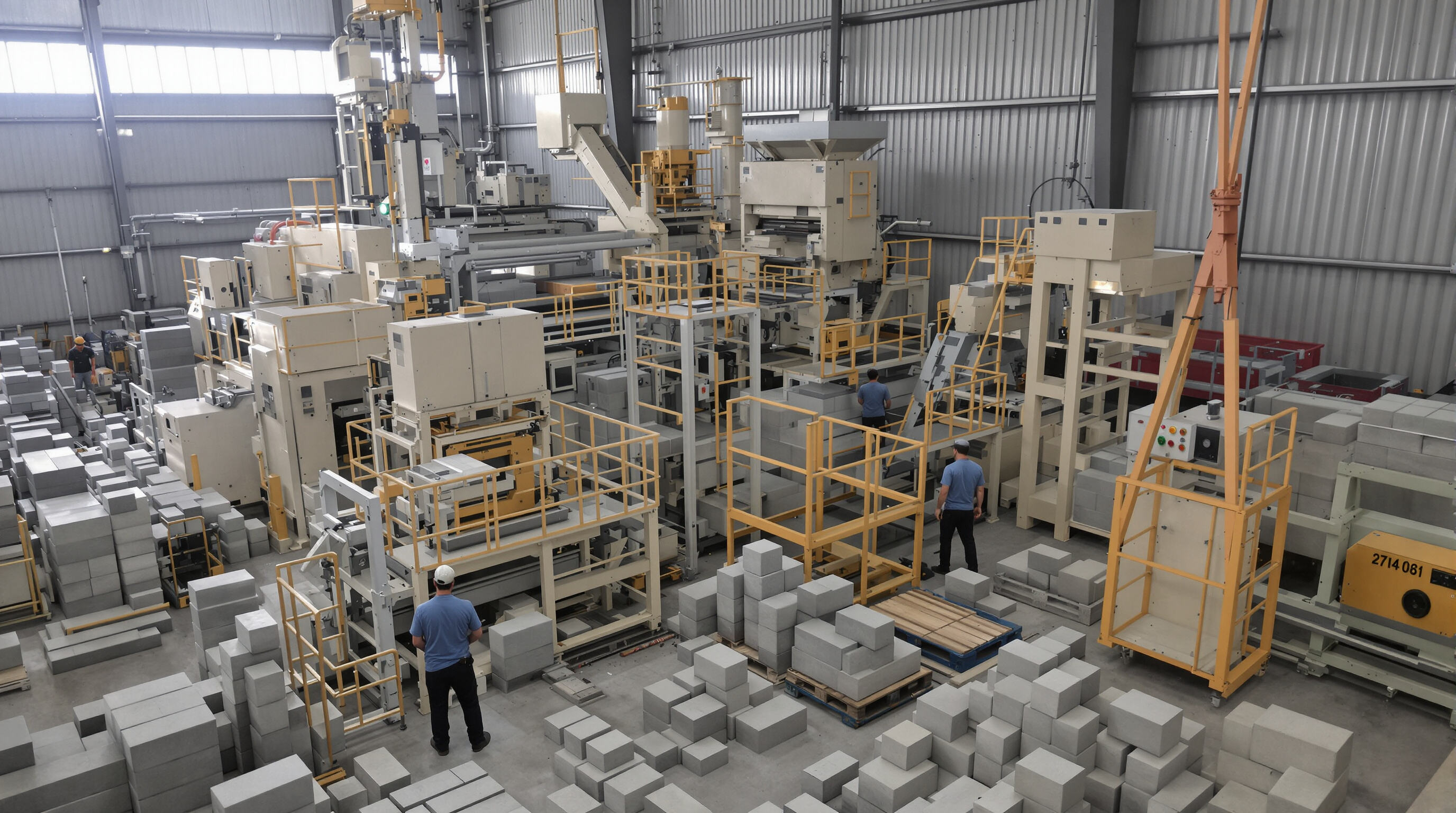 Semi automatic block making machines in a modern factory operated by workers, highlighting cost-efficient production