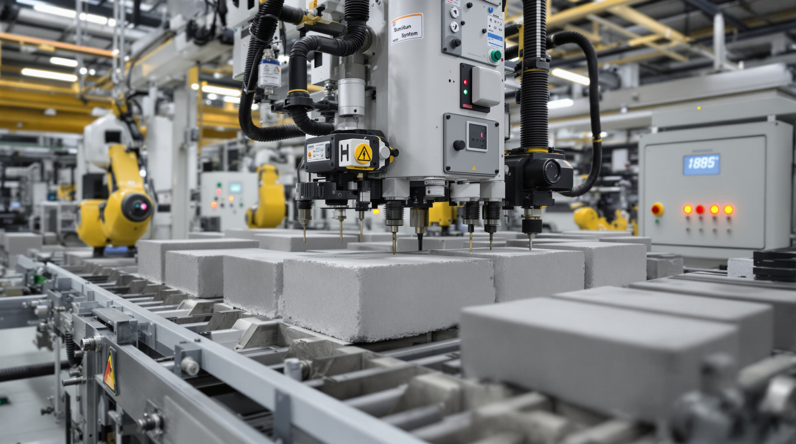 Detailed view of an automated block making machine with robotics and sensors in a modern factory