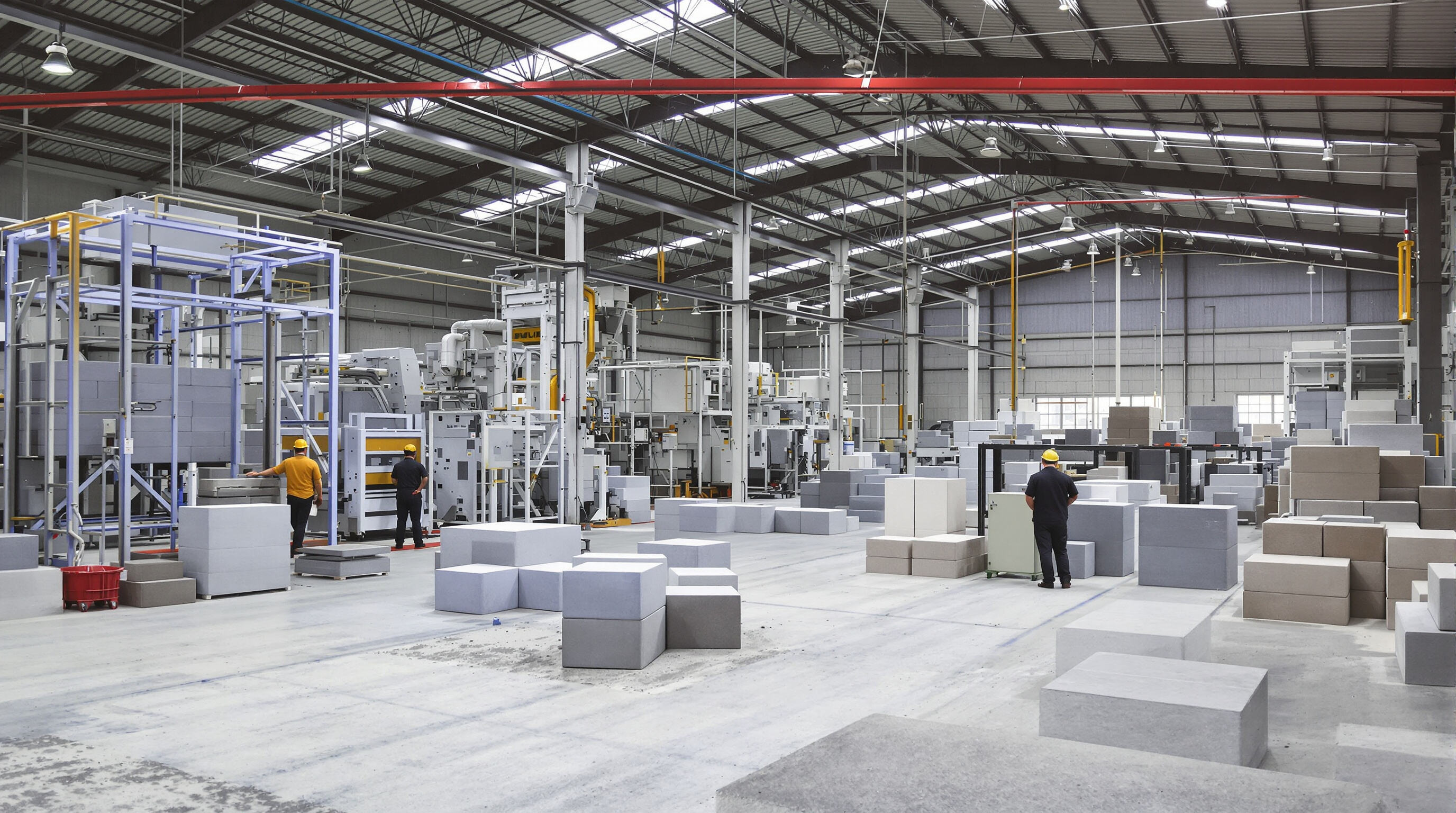 A factory floor divided between worker-operated semi automatic machines and automated block makers managed by a technician
