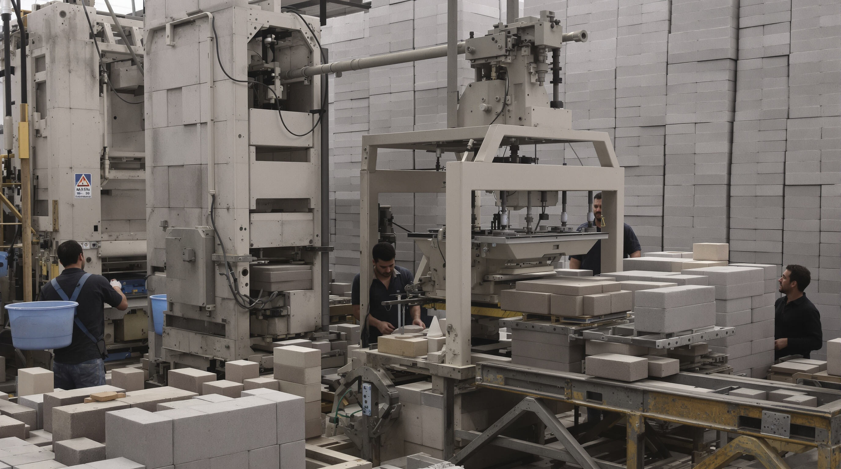 Semi automatic block-making machine and manual production station side-by-side, illustrating difference in efficiency and output