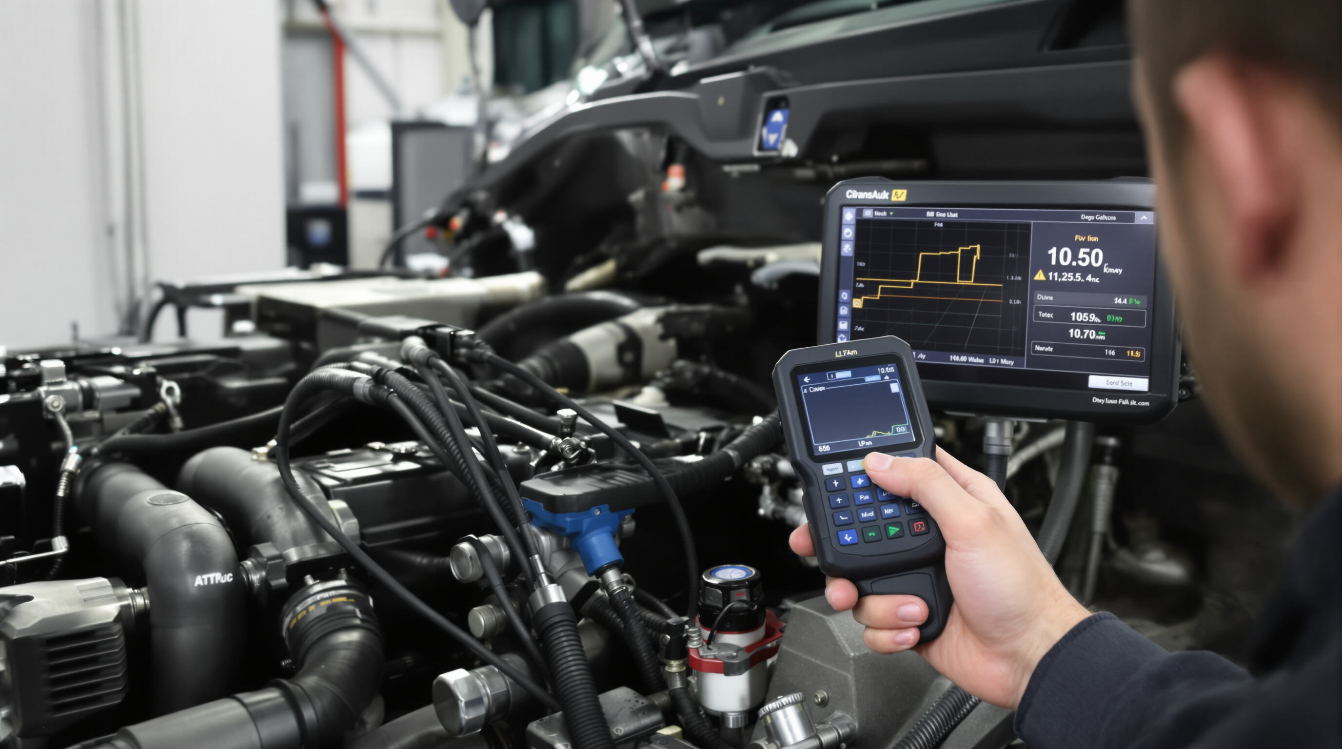 Mechanic using a sensor device beside a diagnostic dashboard on a cargo truck in a service bay