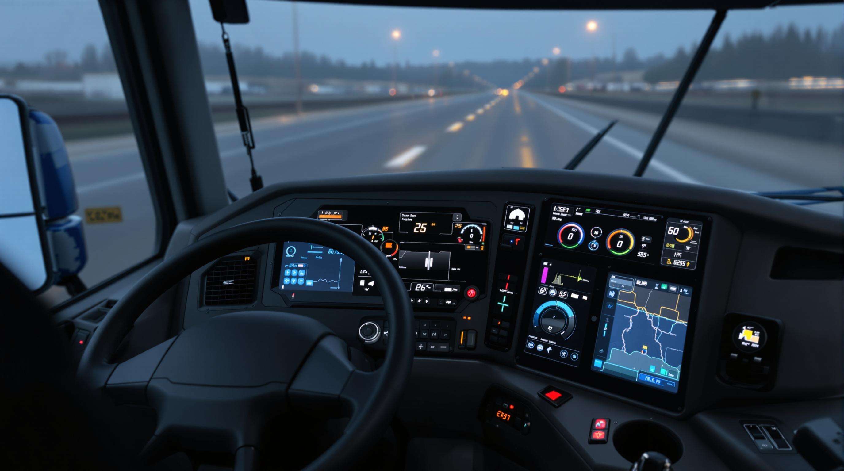 Truck cab interior showing dashboard screens monitoring real-time telematics and IoT data