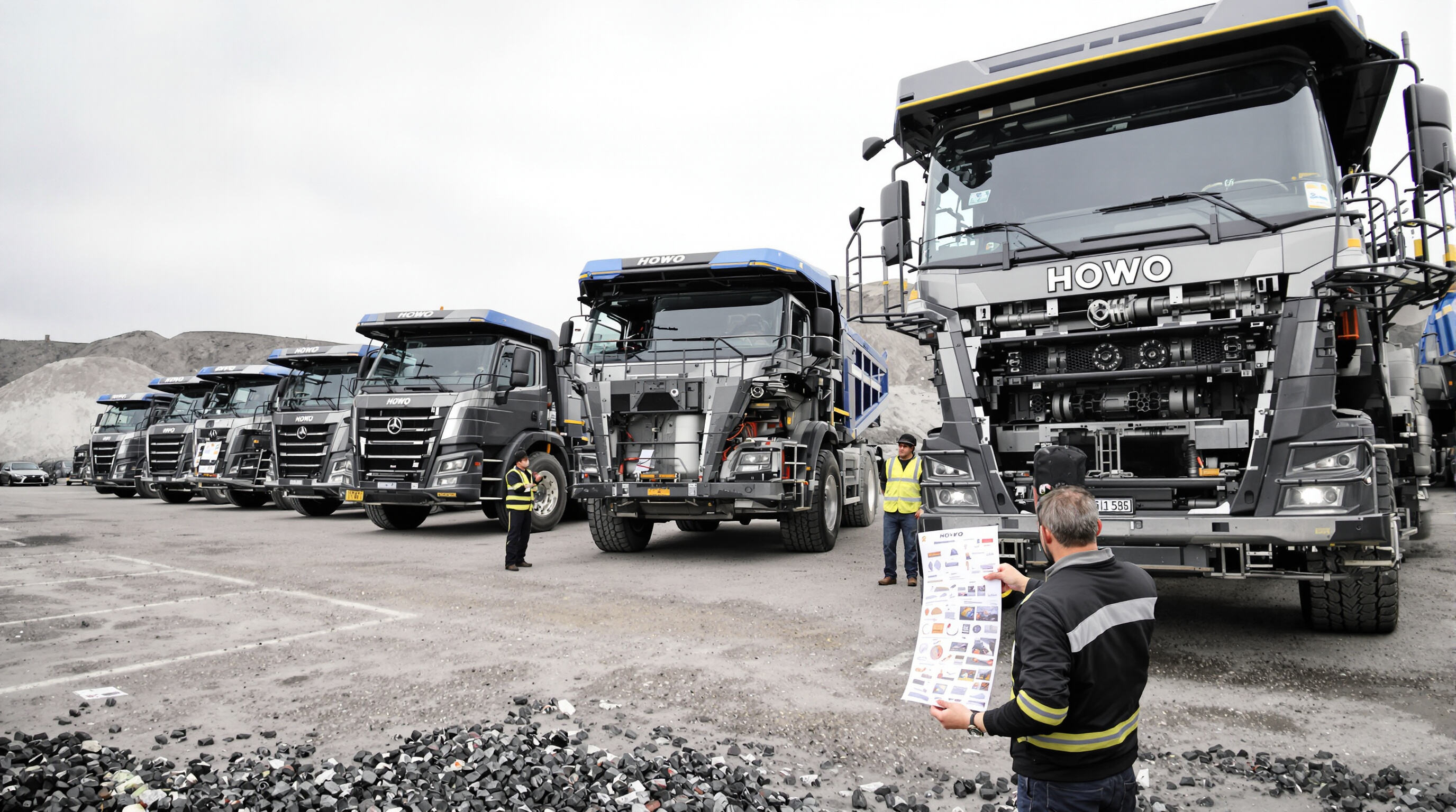 Fleet of HOWO dump trucks at a mining site with a mechanic inspecting parts, illustrating maintenance and cost savings.