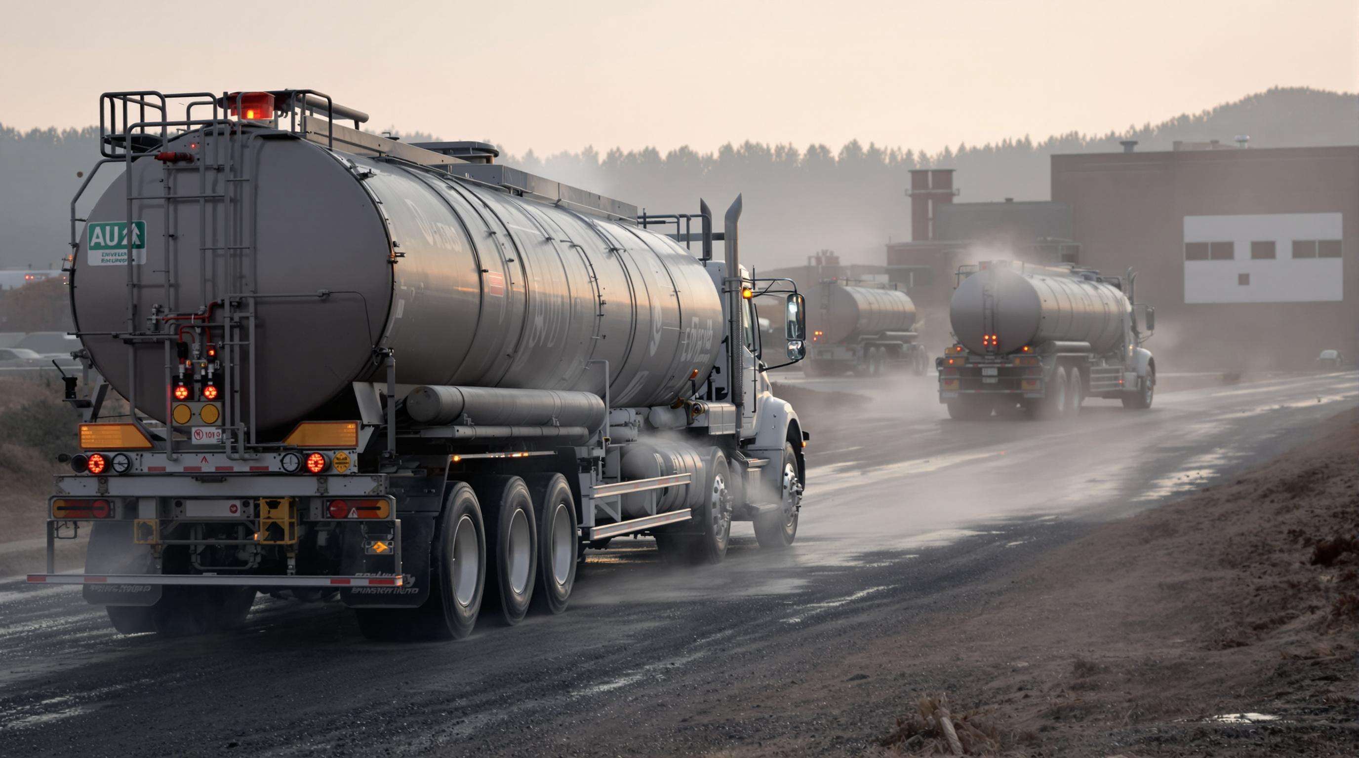 Oil tank truck on a remote industrial site demonstrating emergency shut-off and cooling systems in operation