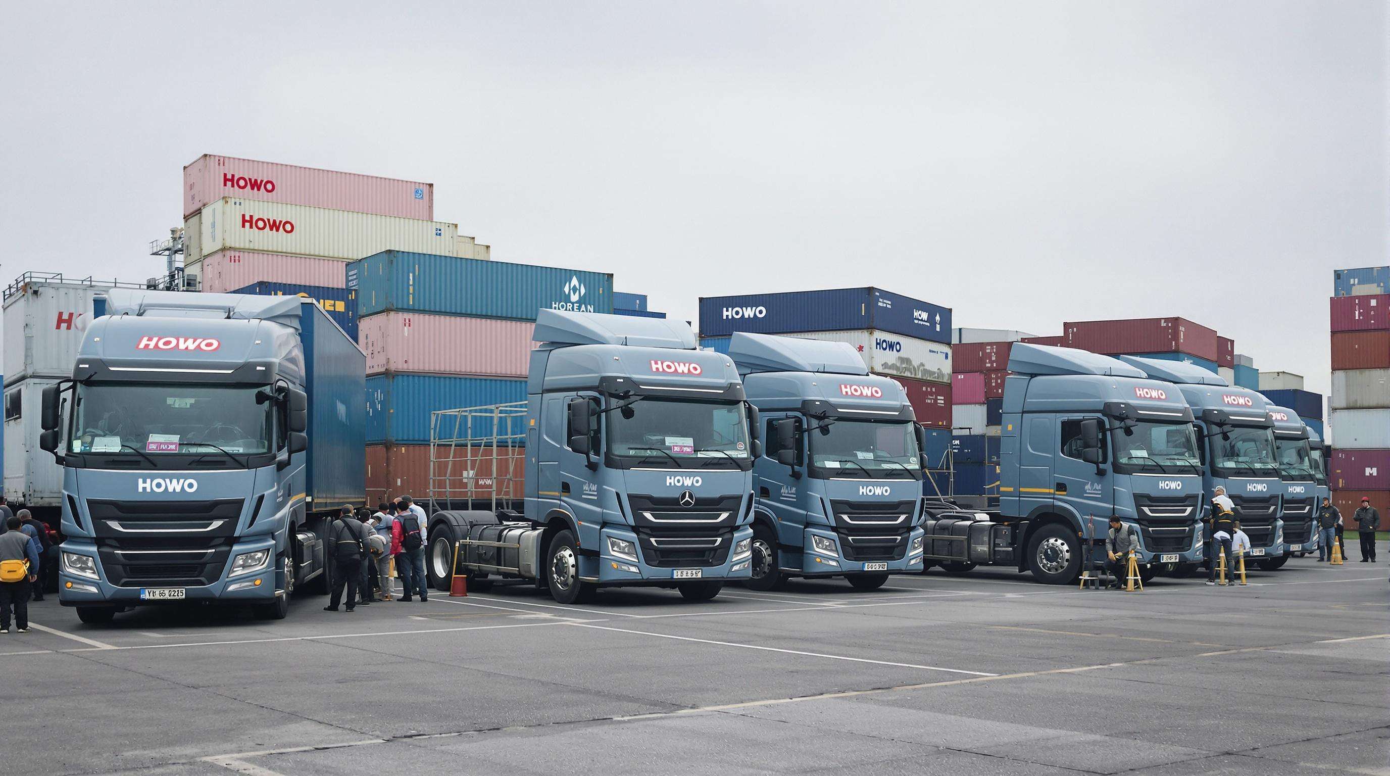 Howo trucks at an international port with workers and shipping containers