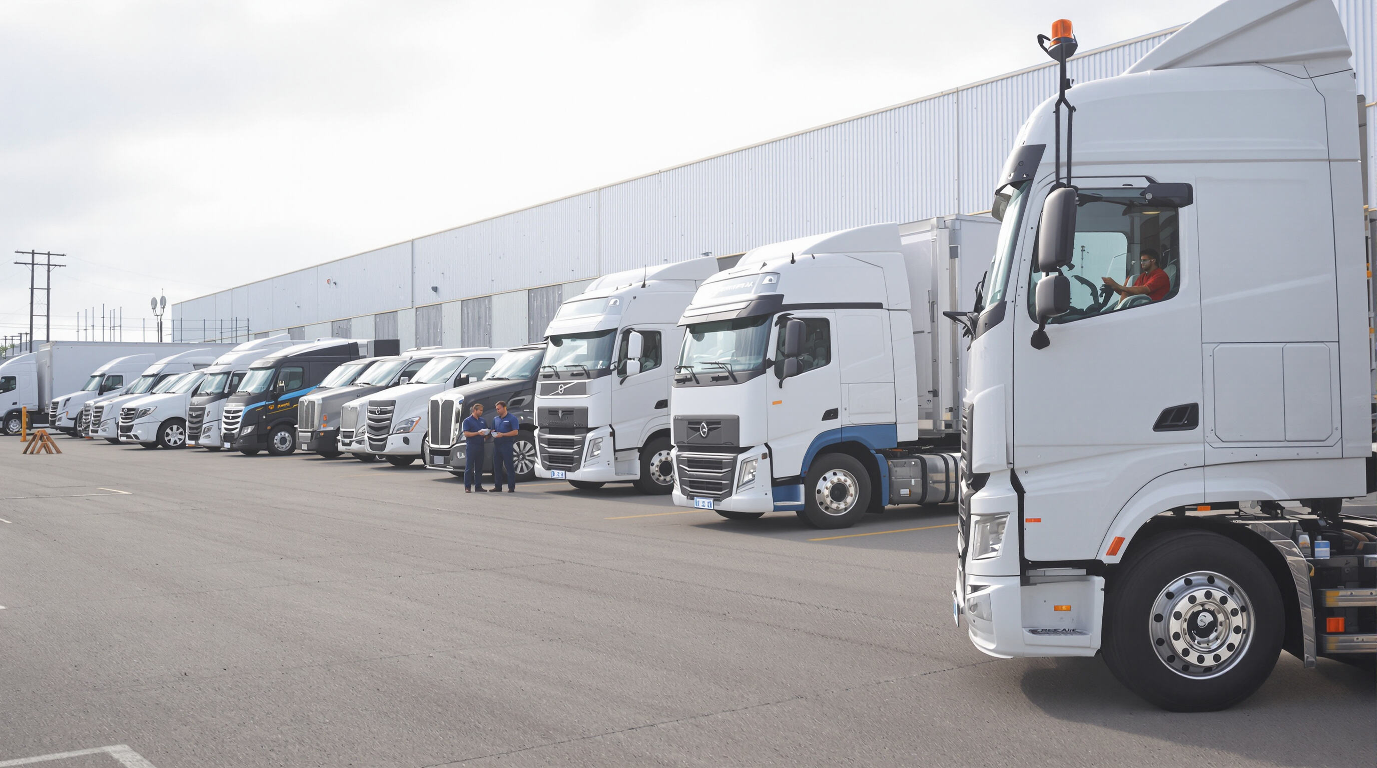 Fleet managers examining paperwork in front of modern semi truck trailers with aerodynamic designs at a logistics yard