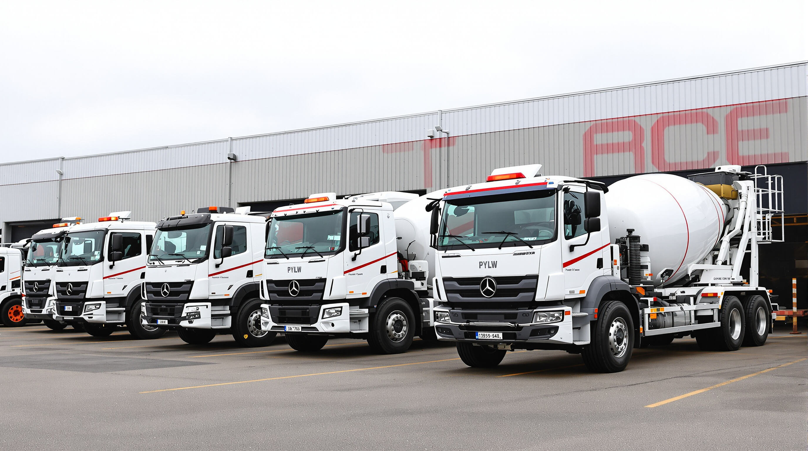 Different types of concrete mixer trucks parked side by side at a construction yard