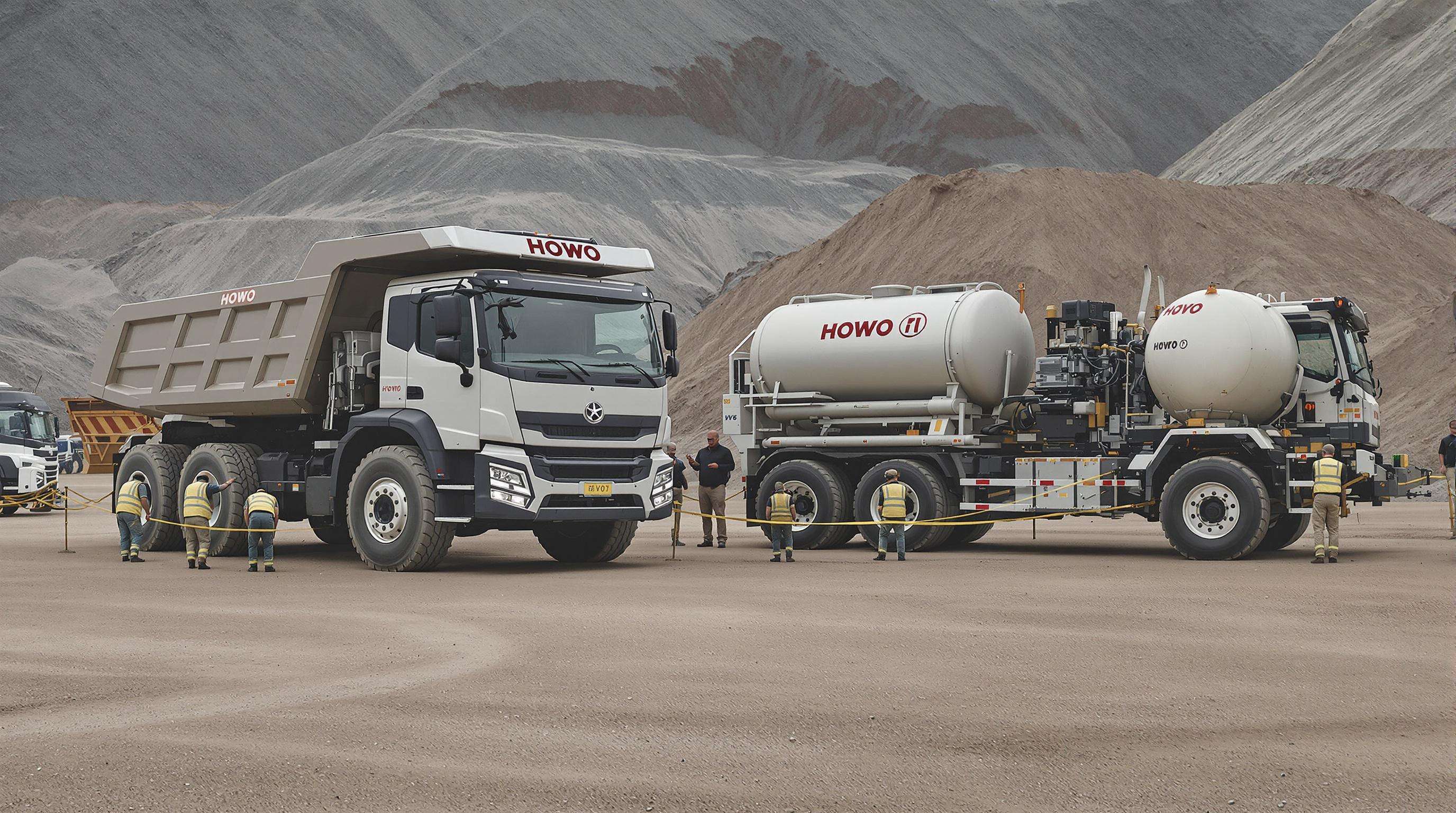 Electric and hydrogen Howo trucks at a mining site with technicians
