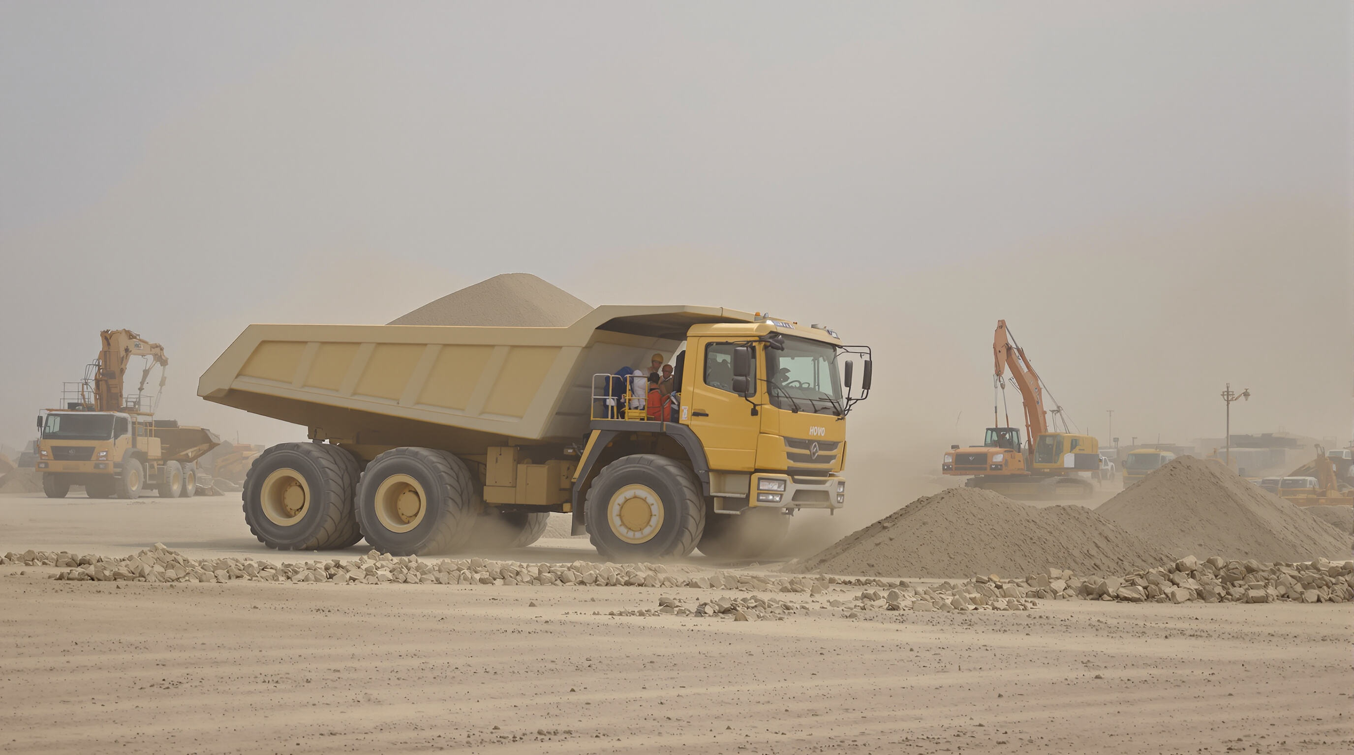 HOWO 12-wheel dump truck unloading gravel at a construction site, highlighting high payload and rapid unloading design.