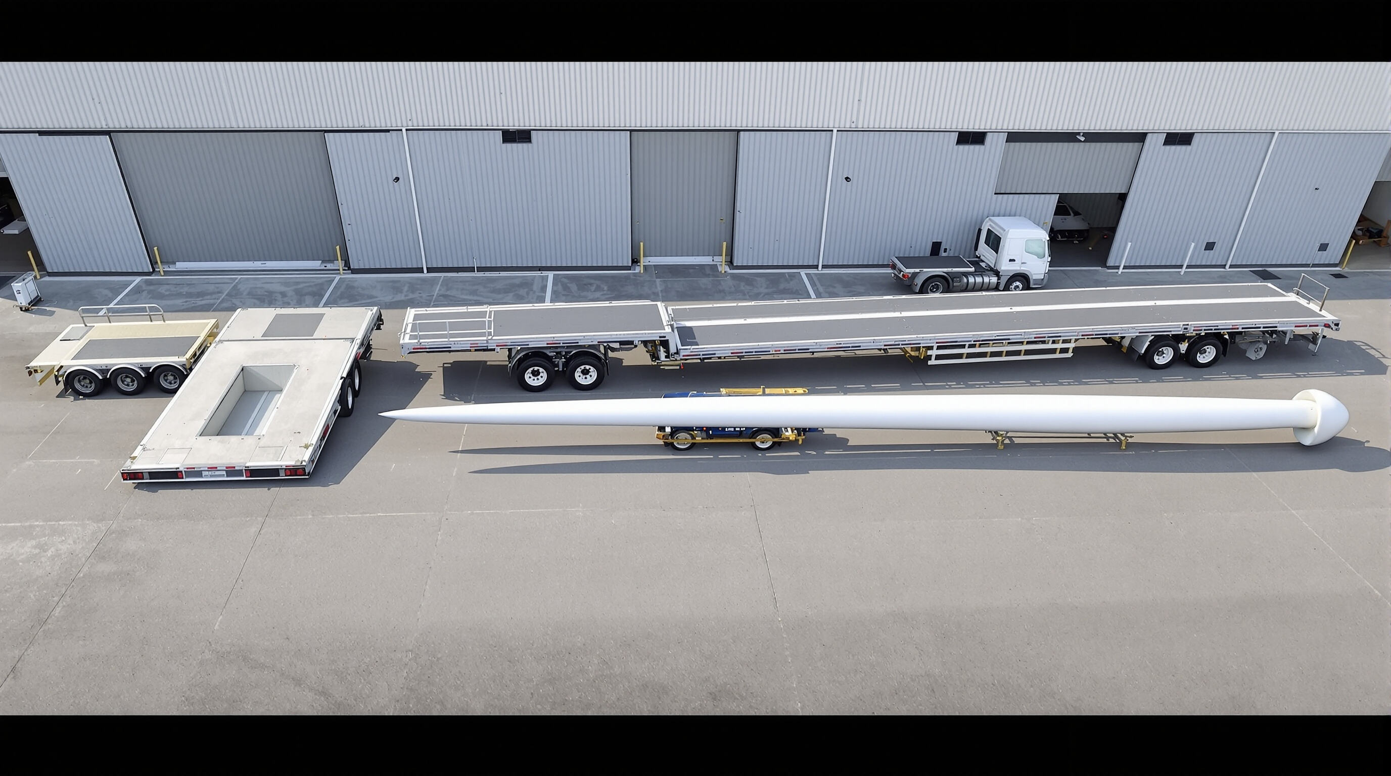 Three types of flatbed trailers showing different cargo configurations on a logistics yard