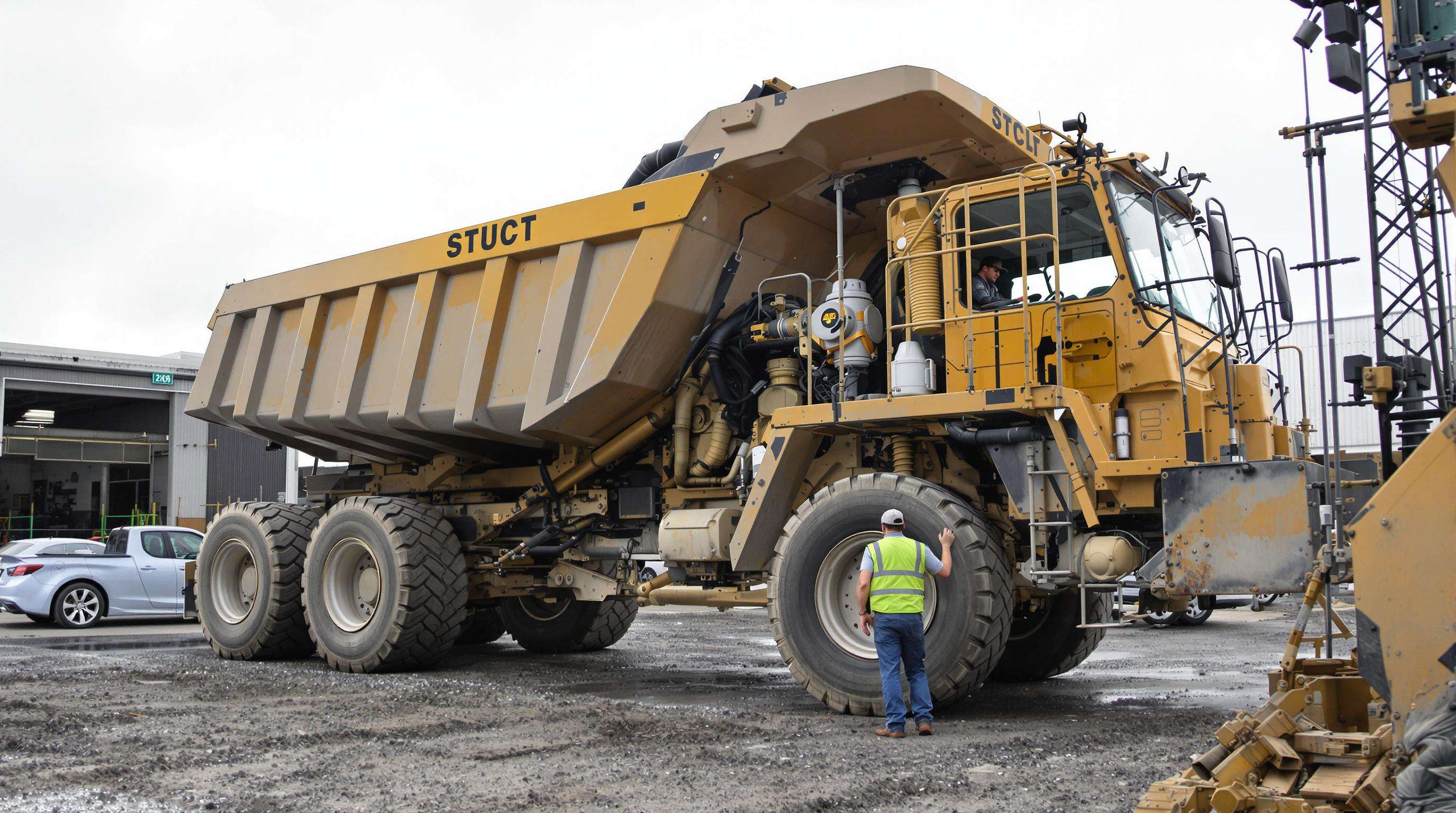 Mechanic examining the chassis and hydraulics of a dump truck at a construction site