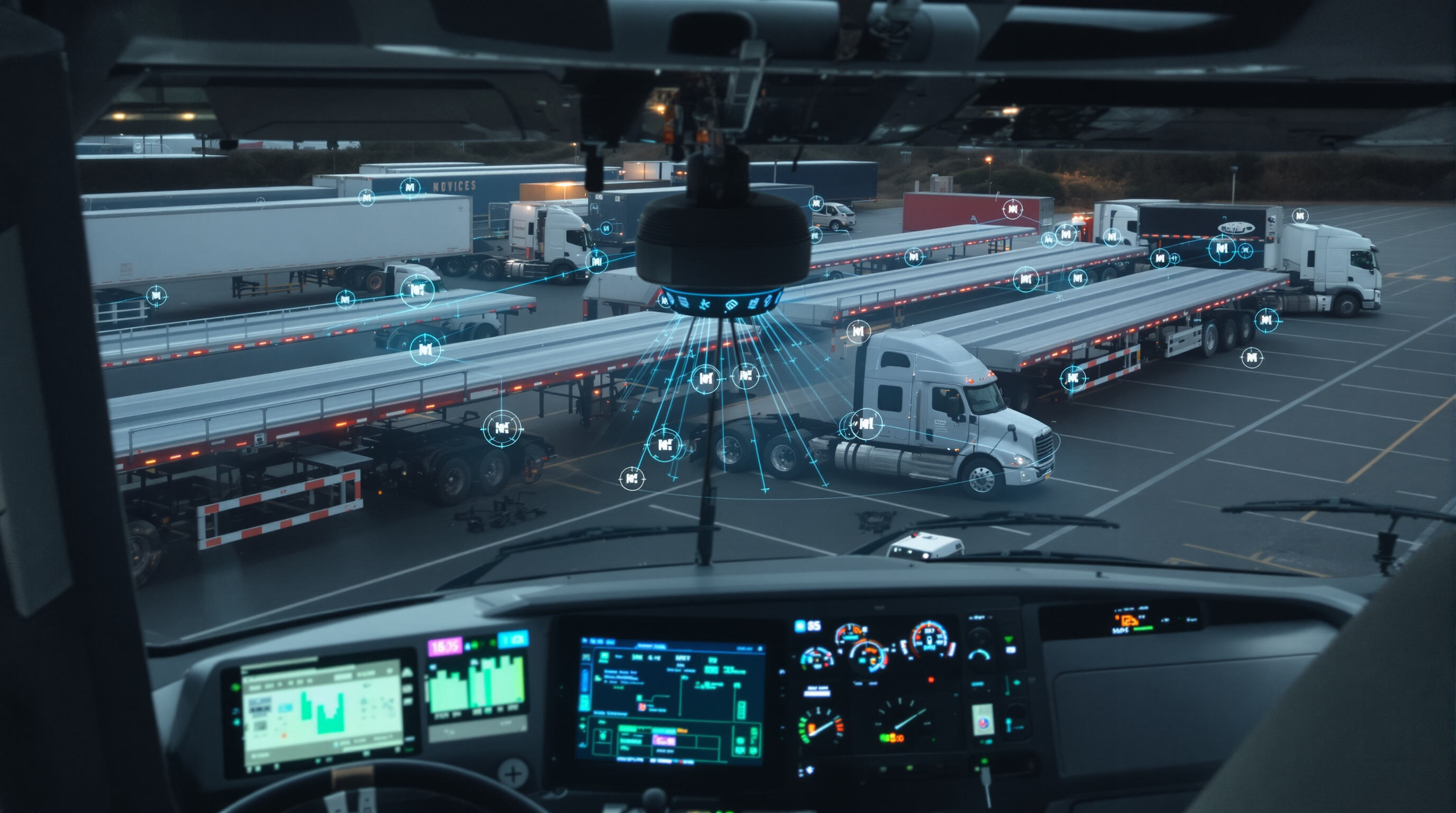 Modern flatbed trailers at a depot showcasing IoT sensors and GPS technology