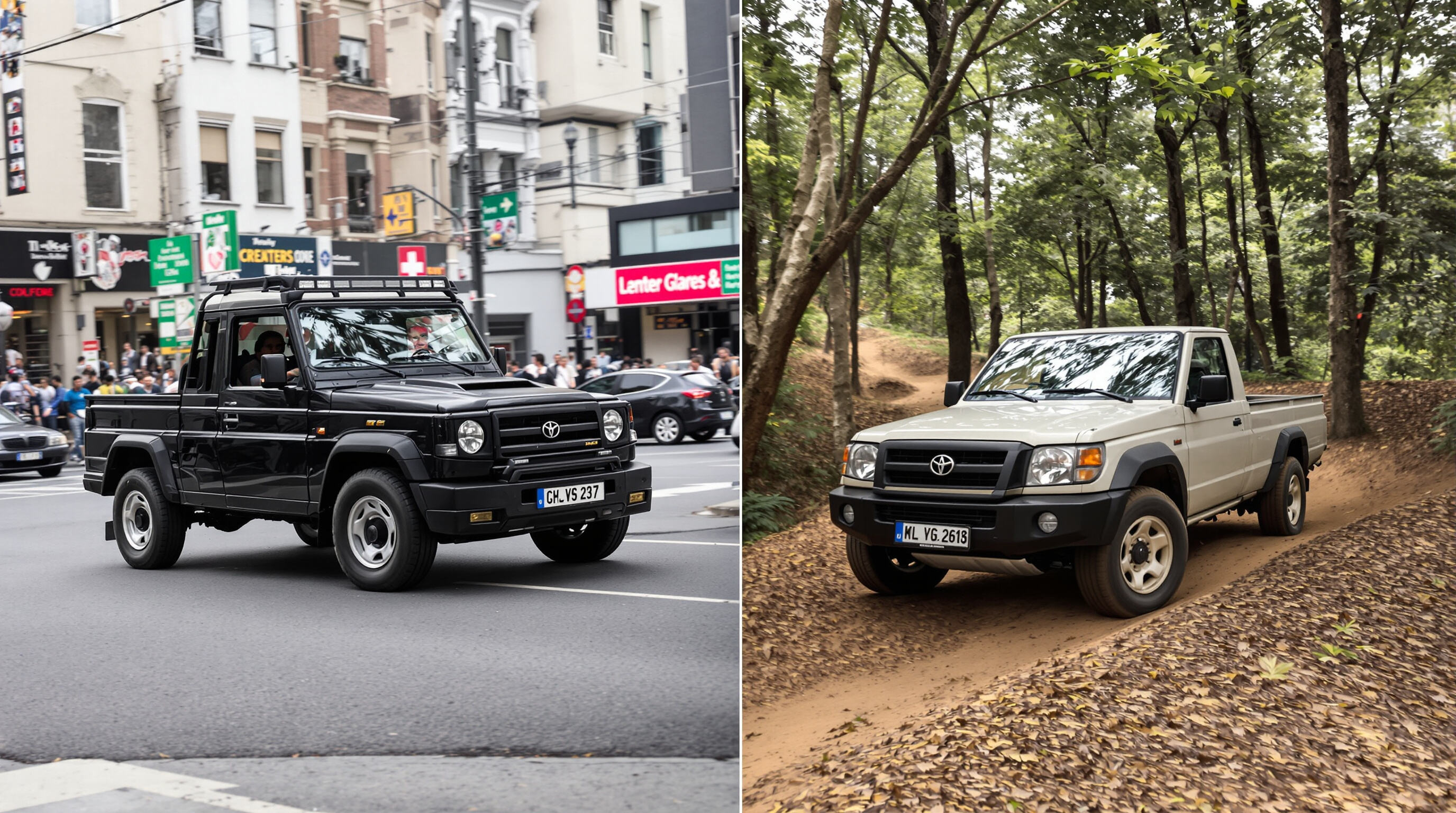 Compact 4x4 trucks operating in both city streets and forest trails showing agility and efficiency