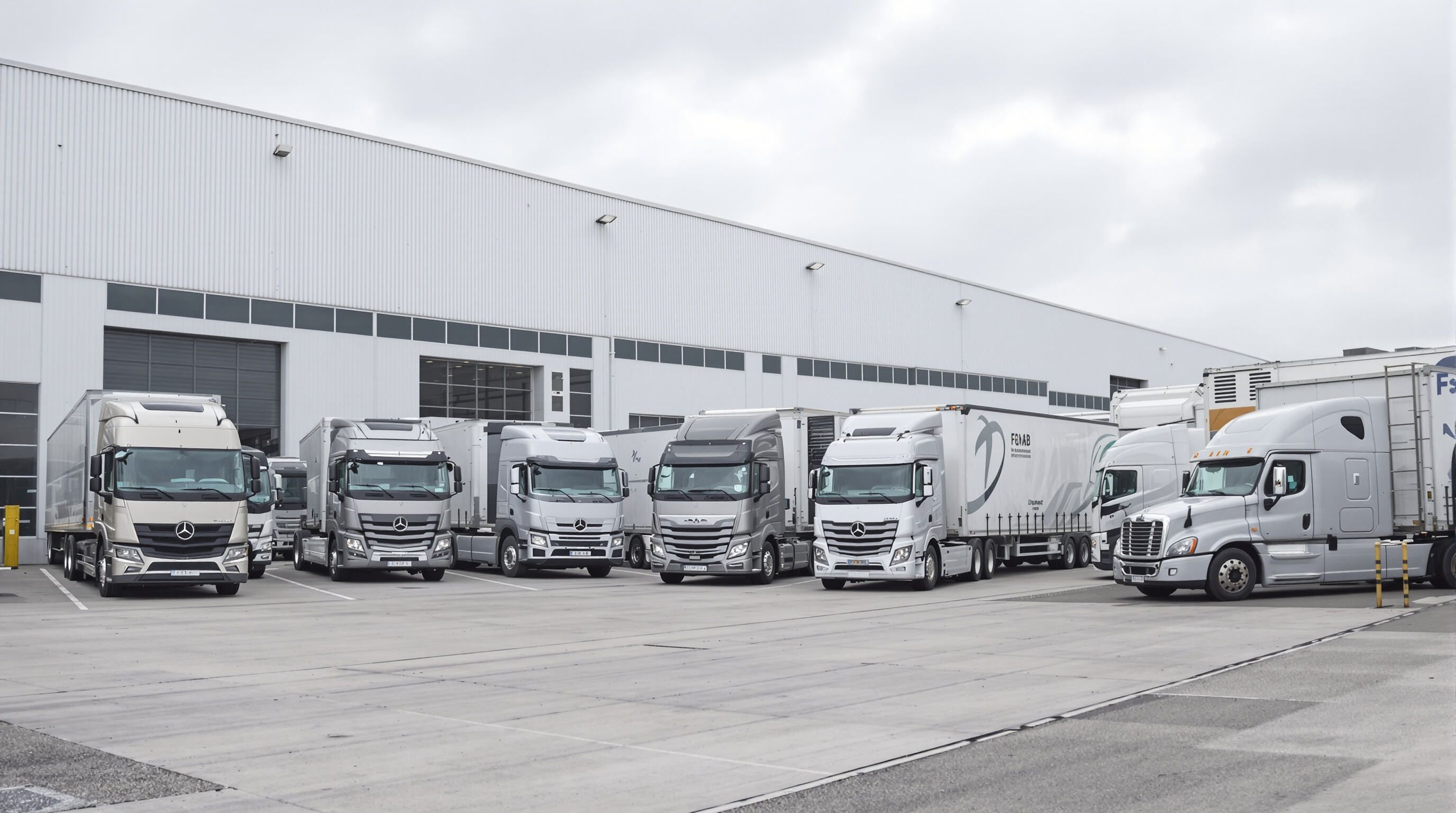 Fleet of modern semi-trailers at a logistics hub under an overcast sky