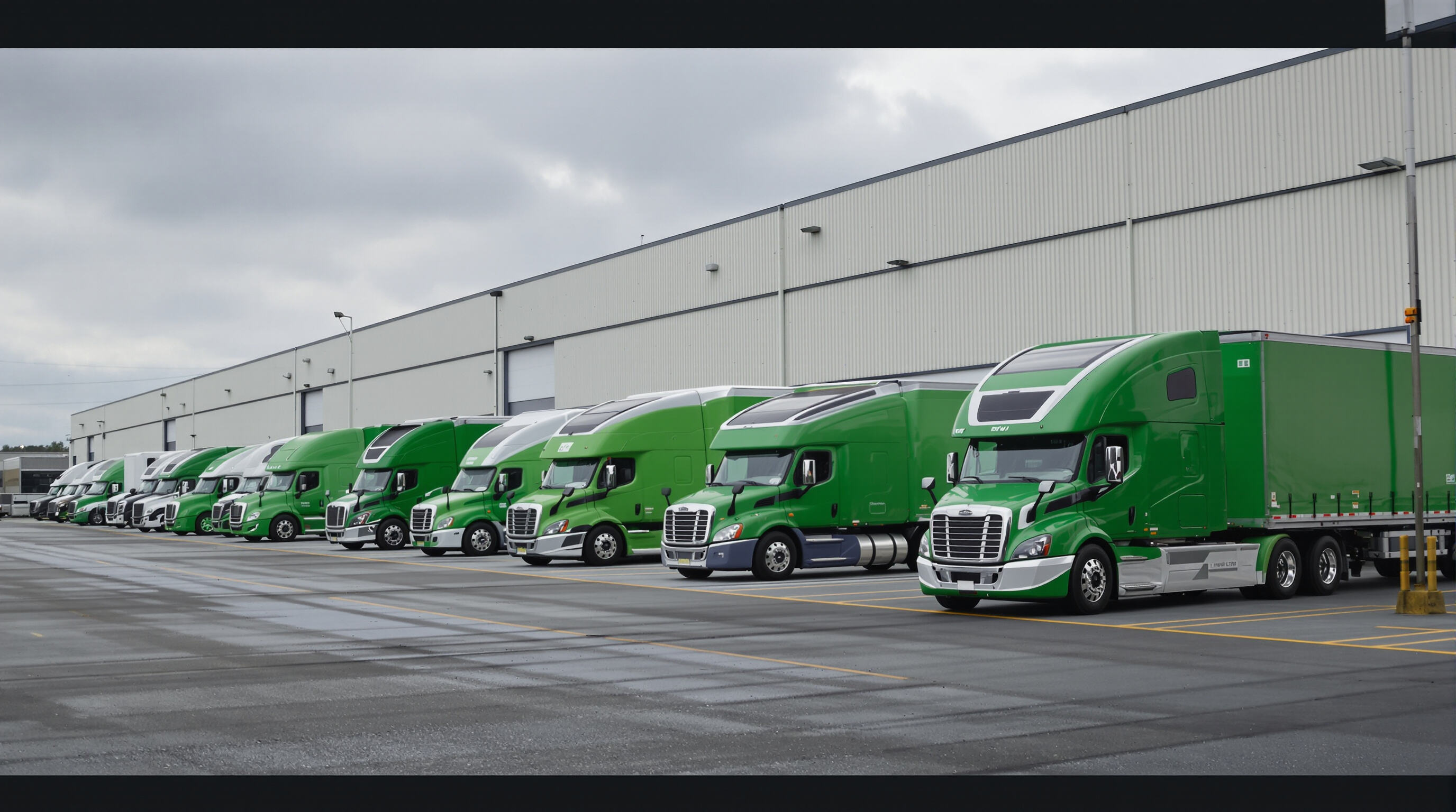 Semi trailers with electric features and aerodynamic designs parked at a distribution center under an overcast sky