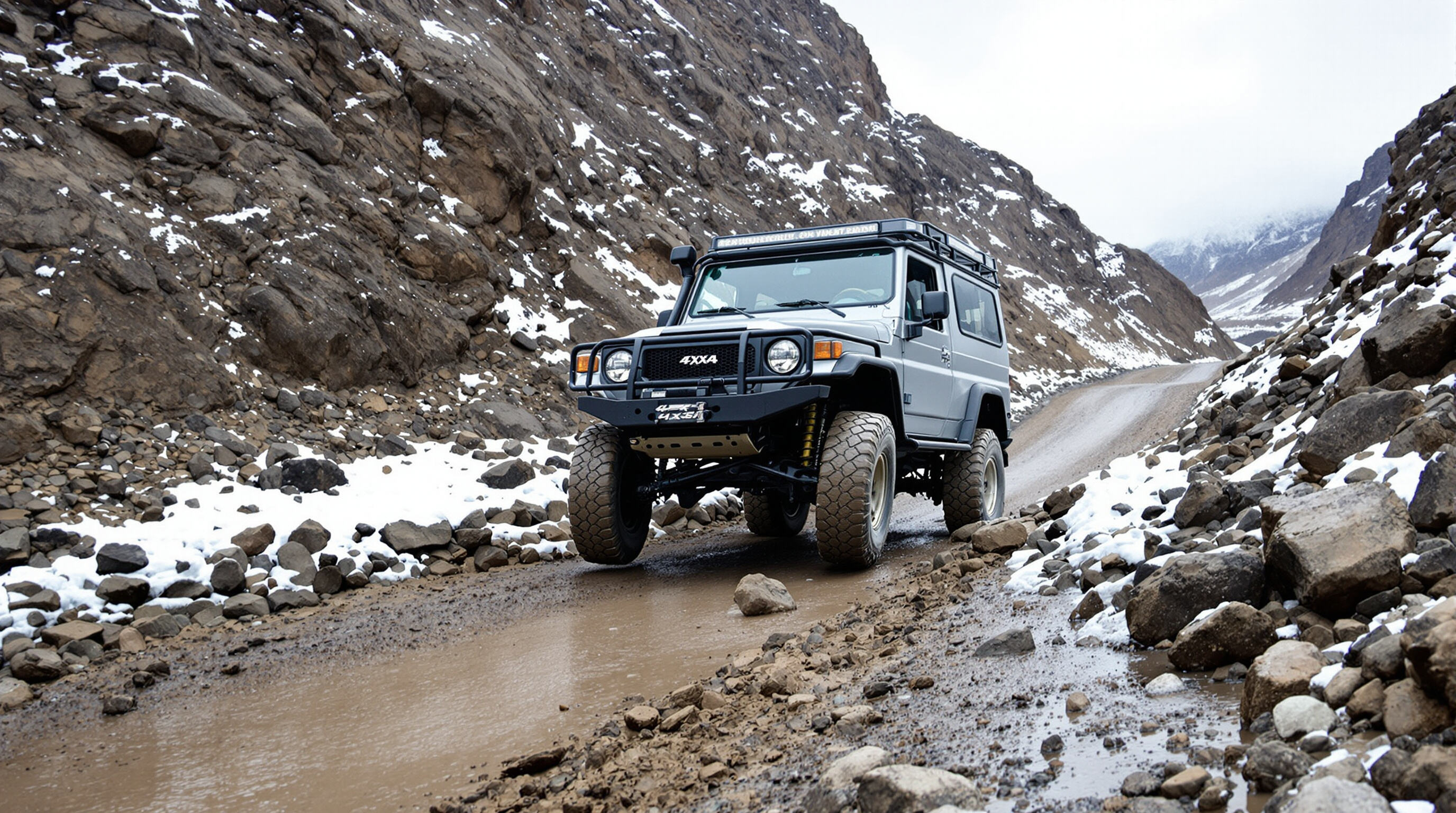 Small 4x4 truck navigating muddy and snowy mountainous terrain in bad weather