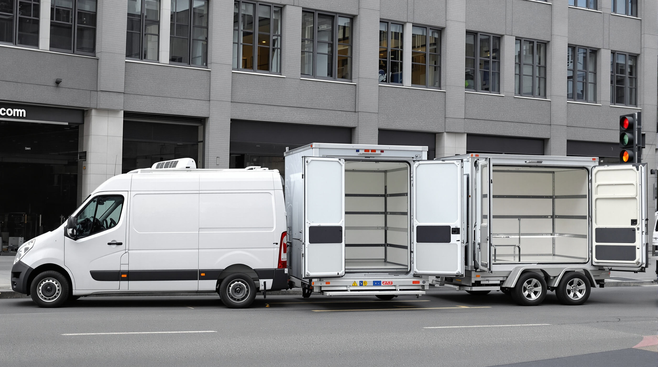A small refrigerated van, truck, and trailer with open doors displaying insulated cooled cargo areas in a city environment
