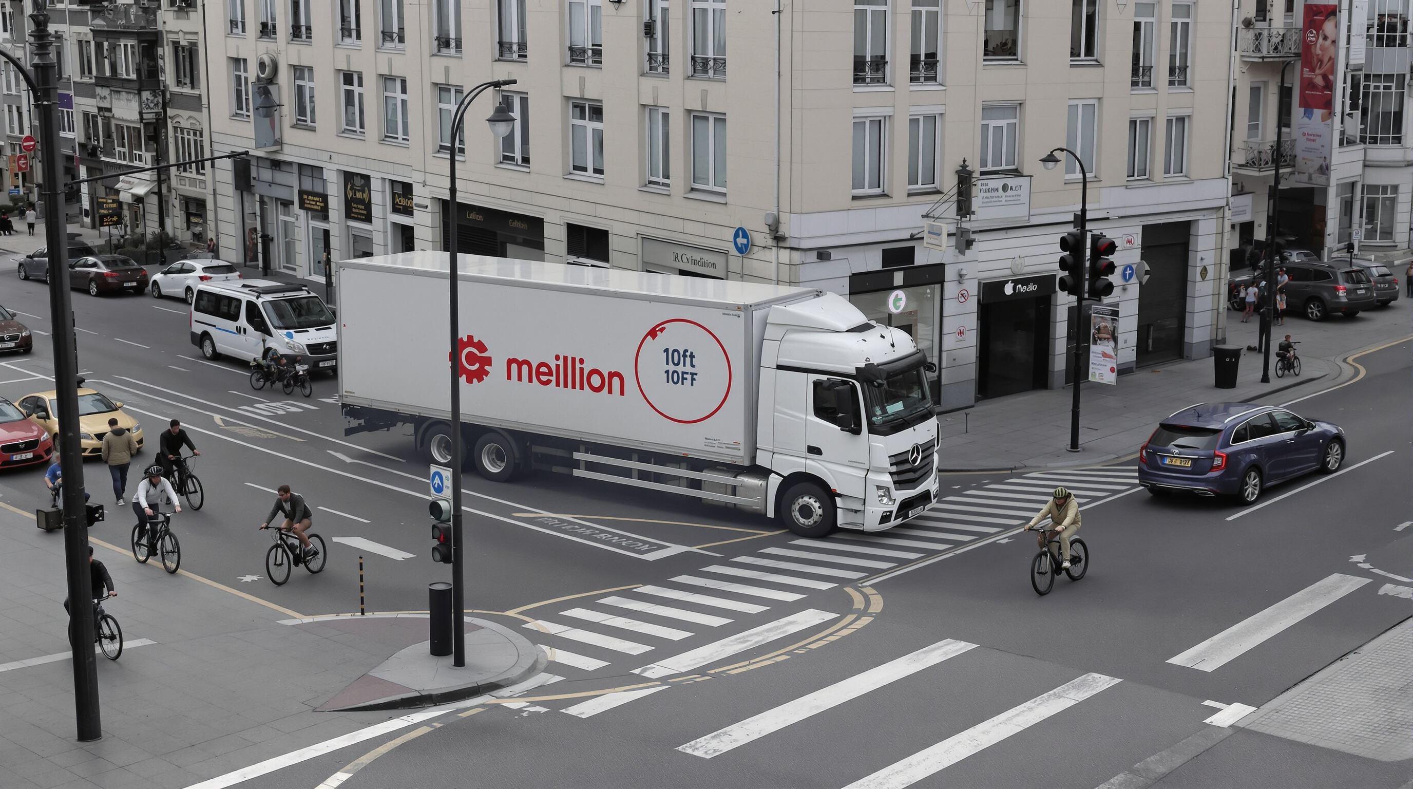 10ft lorry navigating a narrow city street, turning past parked cars and cyclists in an urban area.