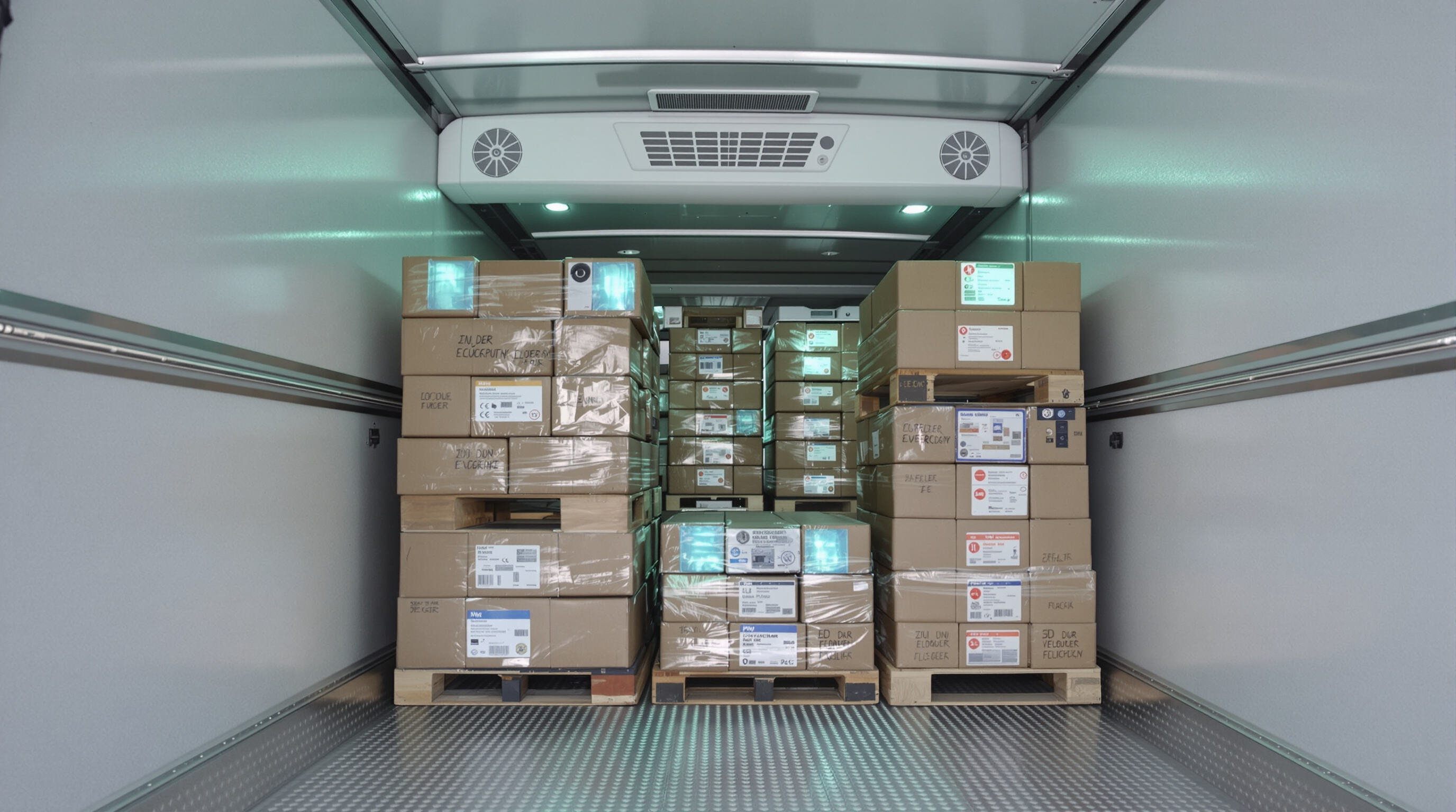 Interior view of a refrigerated box truck with crates, airflow vents, and sensors showing multi-zone cooling for various cargo