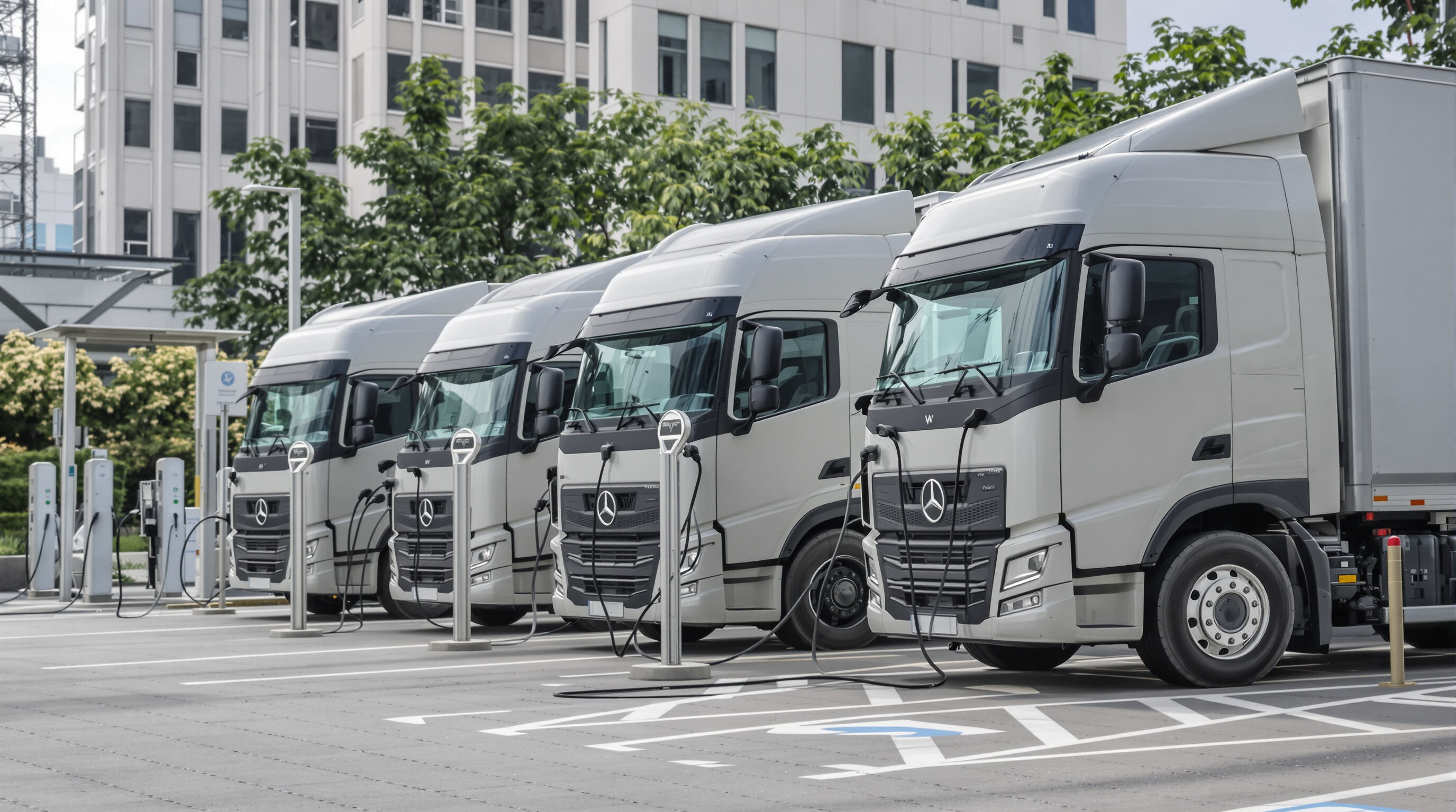 Electric light duty trucks charging at an urban station with city backdrop