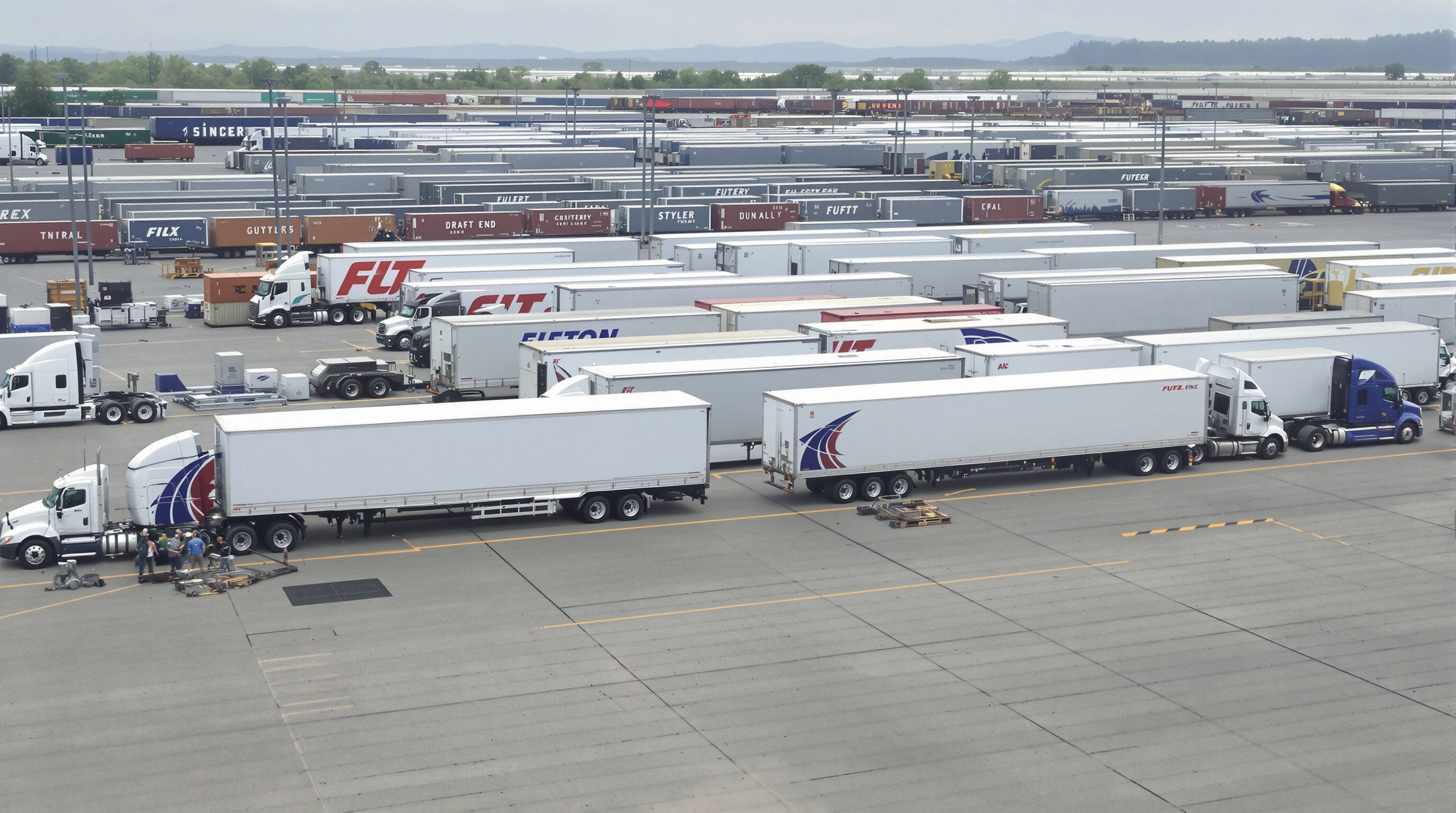 Semi-trailers being swapped between trucks at a distribution center with containers and trains in the background